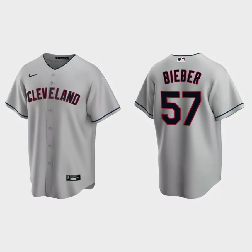 Men’s 2020 Cleveland Indians Shane Bieber #57 Replica Road Jersey – Gray