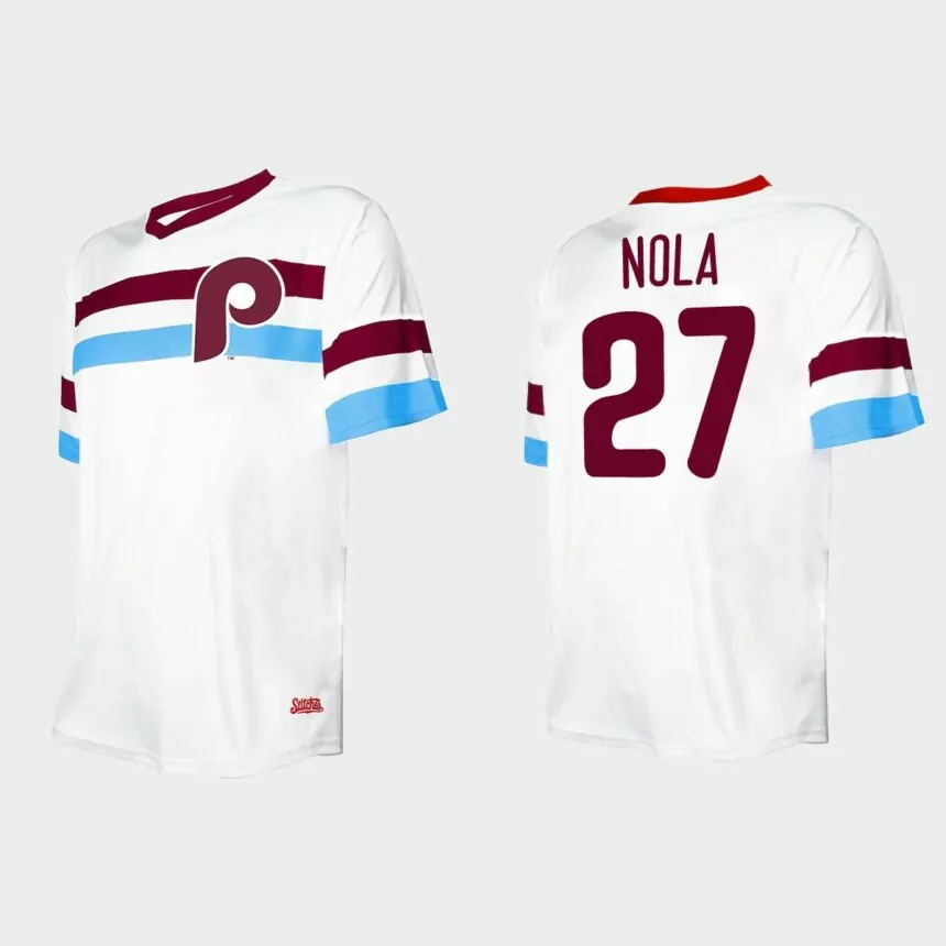 Men’s Aaron Nola Philadelphia Phillies Cooperstown Collection V-Neck Jersey – White