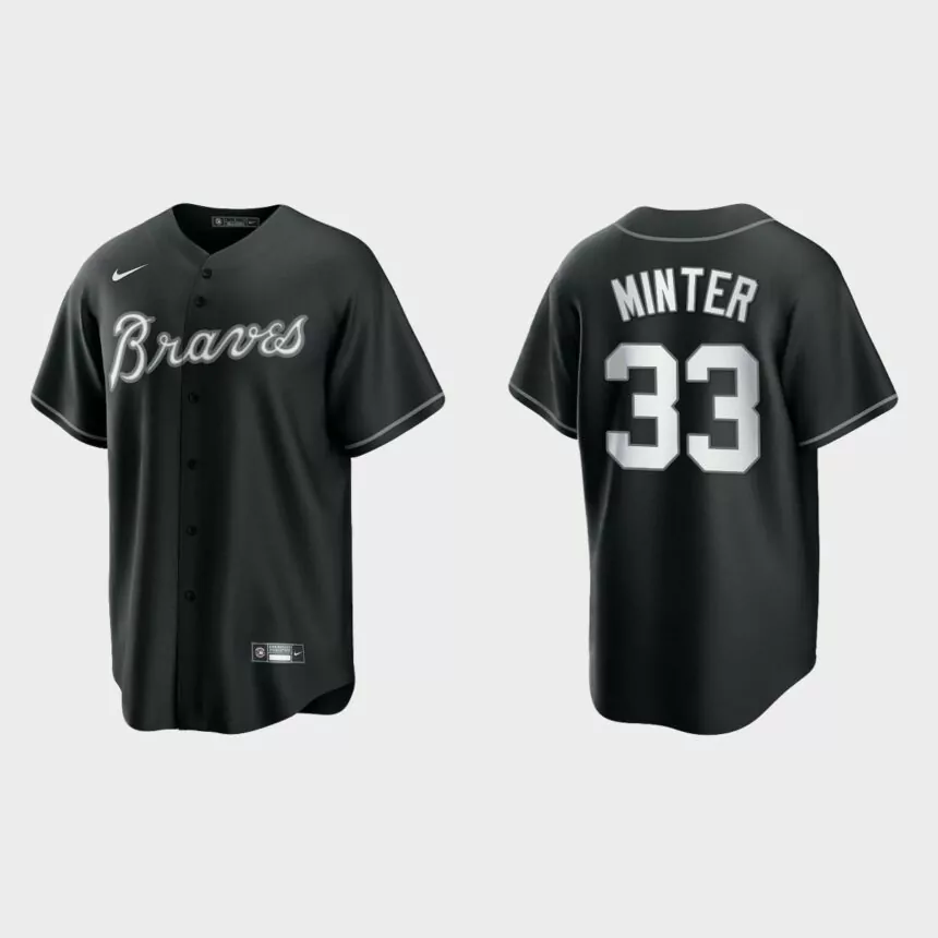 Men’s Atlanta Braves A.J. Minter Black White 2021 All Black Fashion Replica Jersey