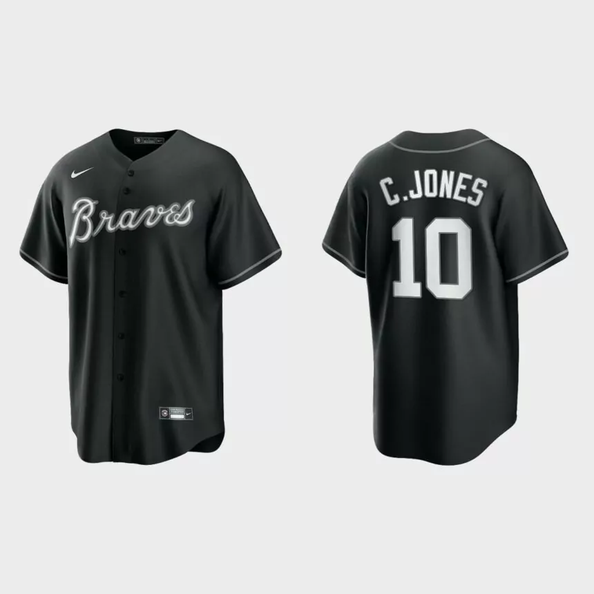 Men’s Atlanta Braves Chipper Jones Black White 2021 All Black Fashion Replica Jersey