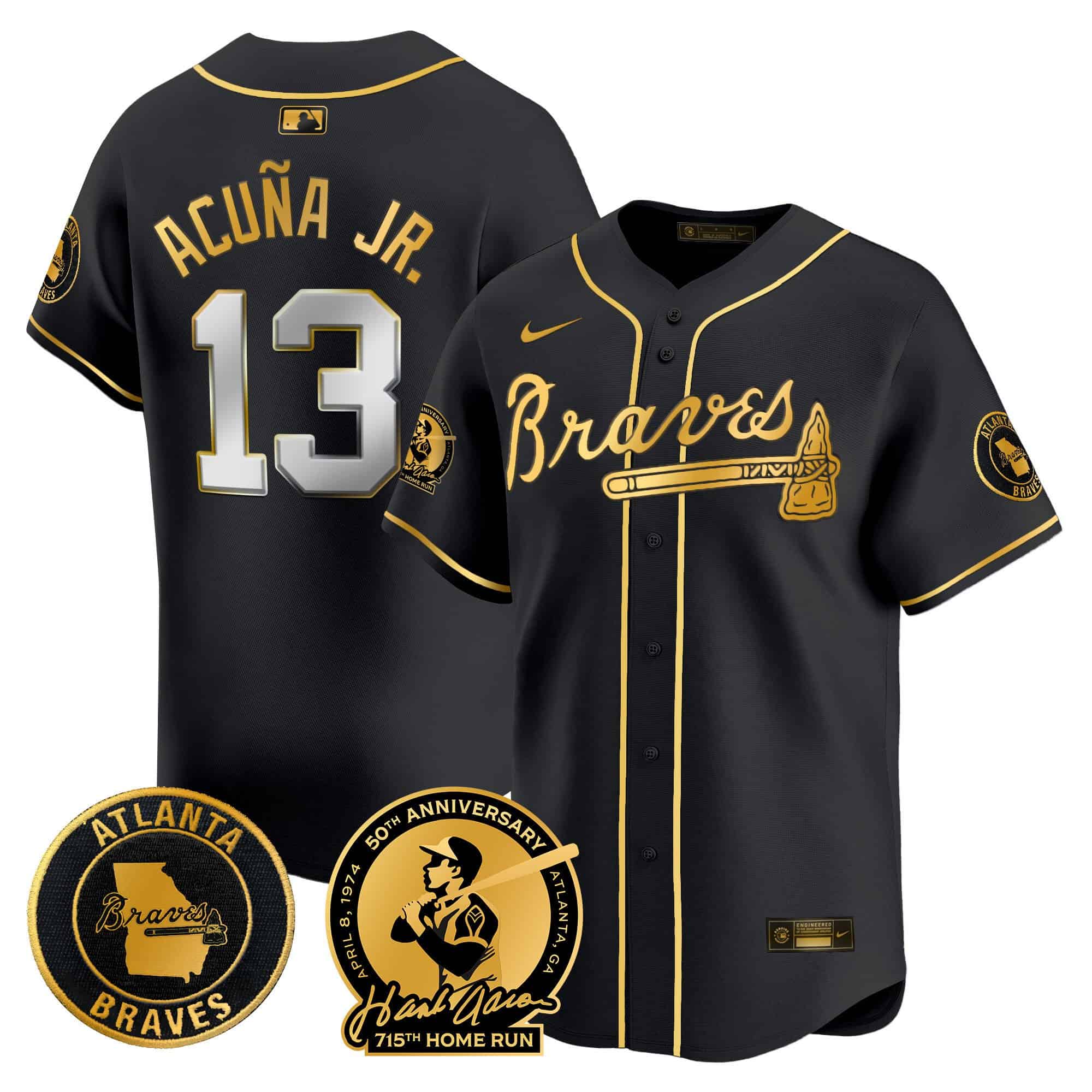 Men’s Atlanta Braves Hank Aaron 715th Home Run Patch Vapor Premier Limited Jersey – All Stitched  Black Gold  #13 Ronald Acuna Jr.