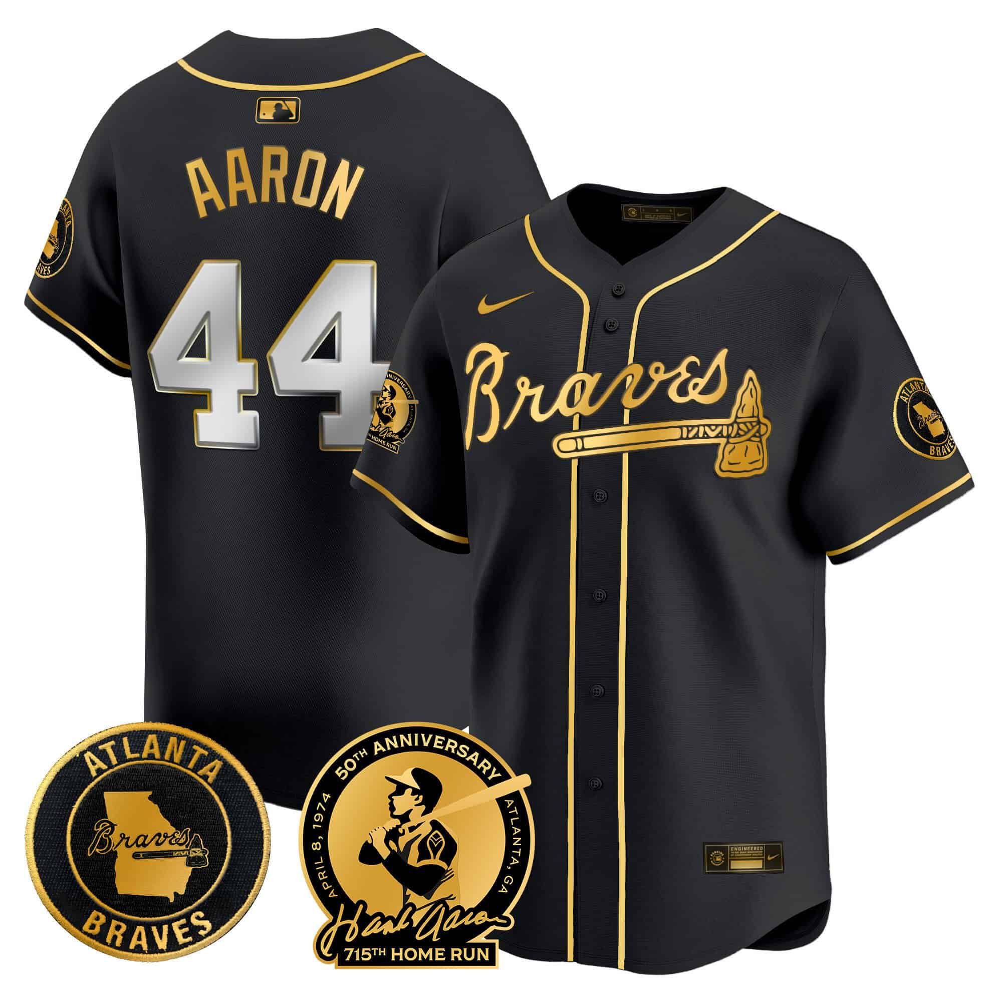 Men’s Atlanta Braves Hank Aaron 715th Home Run Patch Vapor Premier Limited Jersey – All Stitched  Black Gold  #44 Hank Aaron
