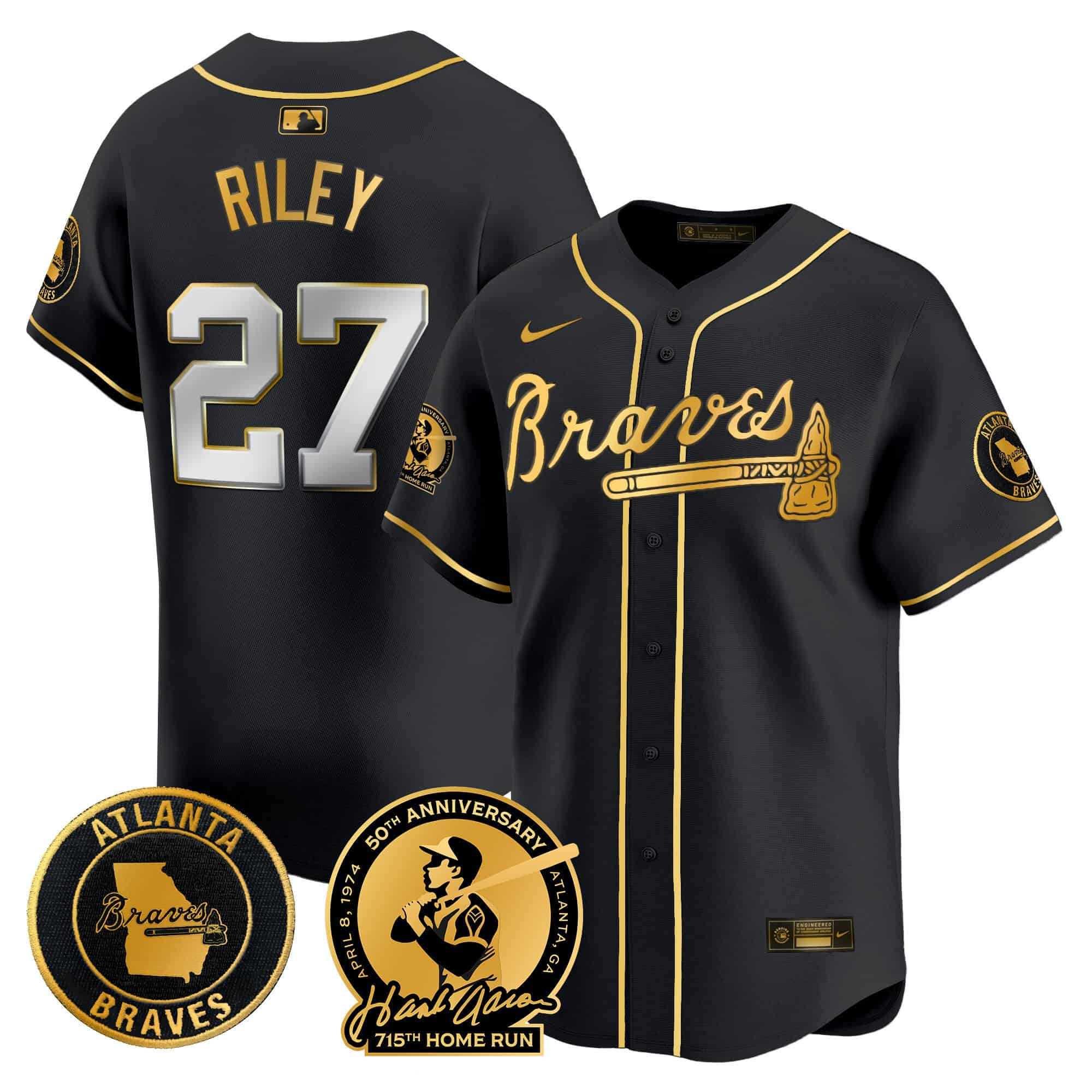Men’s Atlanta Braves Hank Aaron 715th Home Run Patch Vapor Premier Limited Jersey – All Stitched  Black Gold  Austin Riley #27
