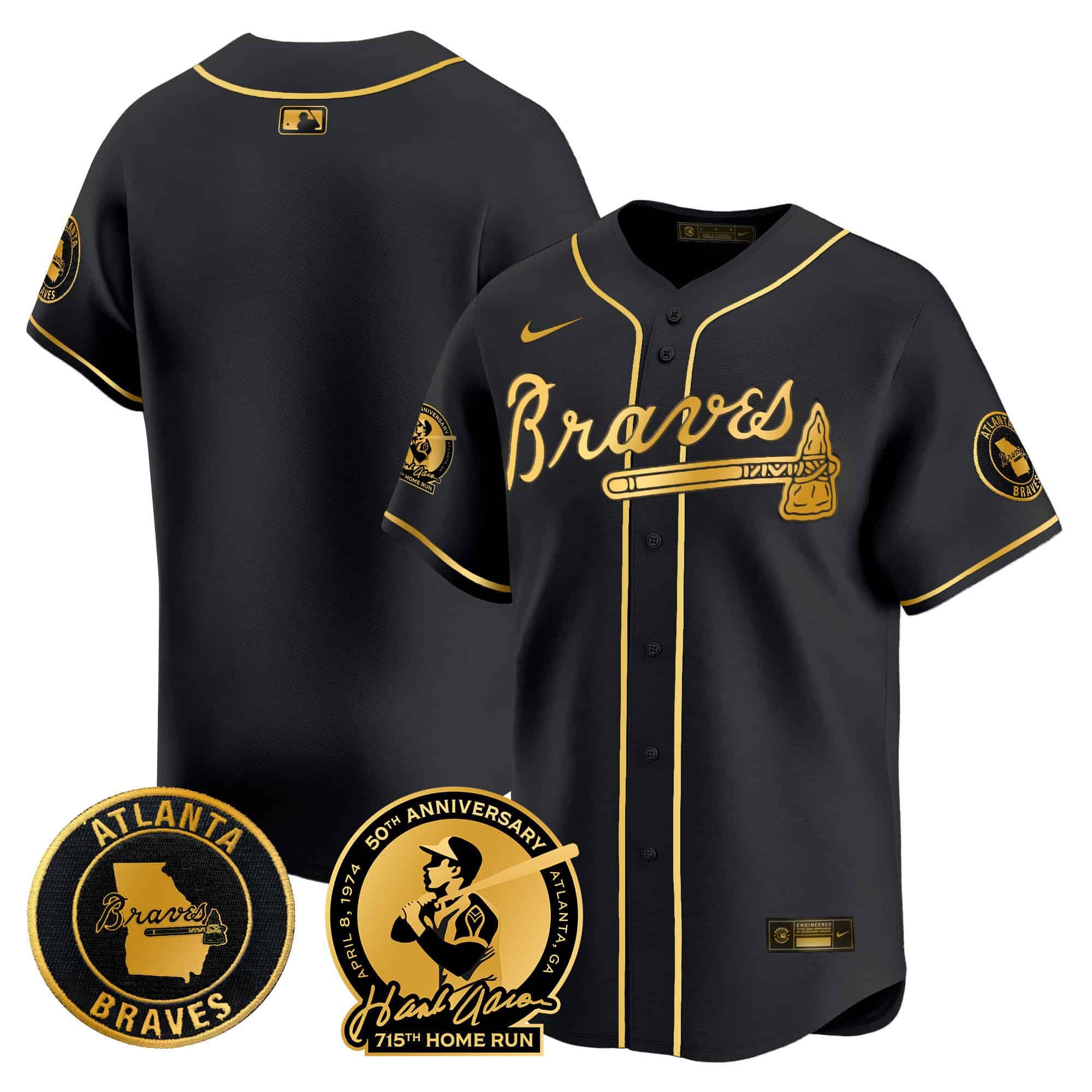 Men’s Atlanta Braves Hank Aaron 715th Home Run Patch Vapor Premier Limited Jersey – All Stitched  Black Gold  Blank