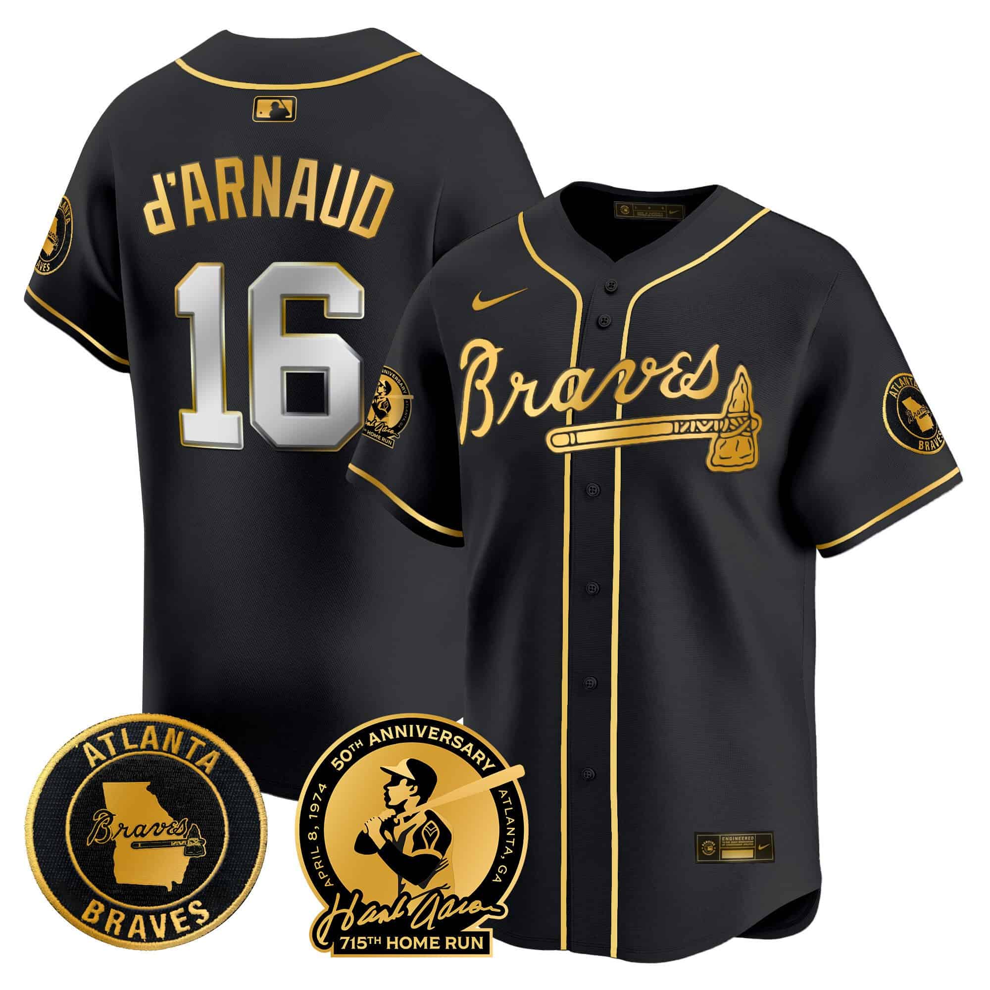 Men’s Atlanta Braves Hank Aaron 715th Home Run Patch Vapor Premier Limited Jersey – All Stitched  Black Gold  Travis D'Arnaud #16