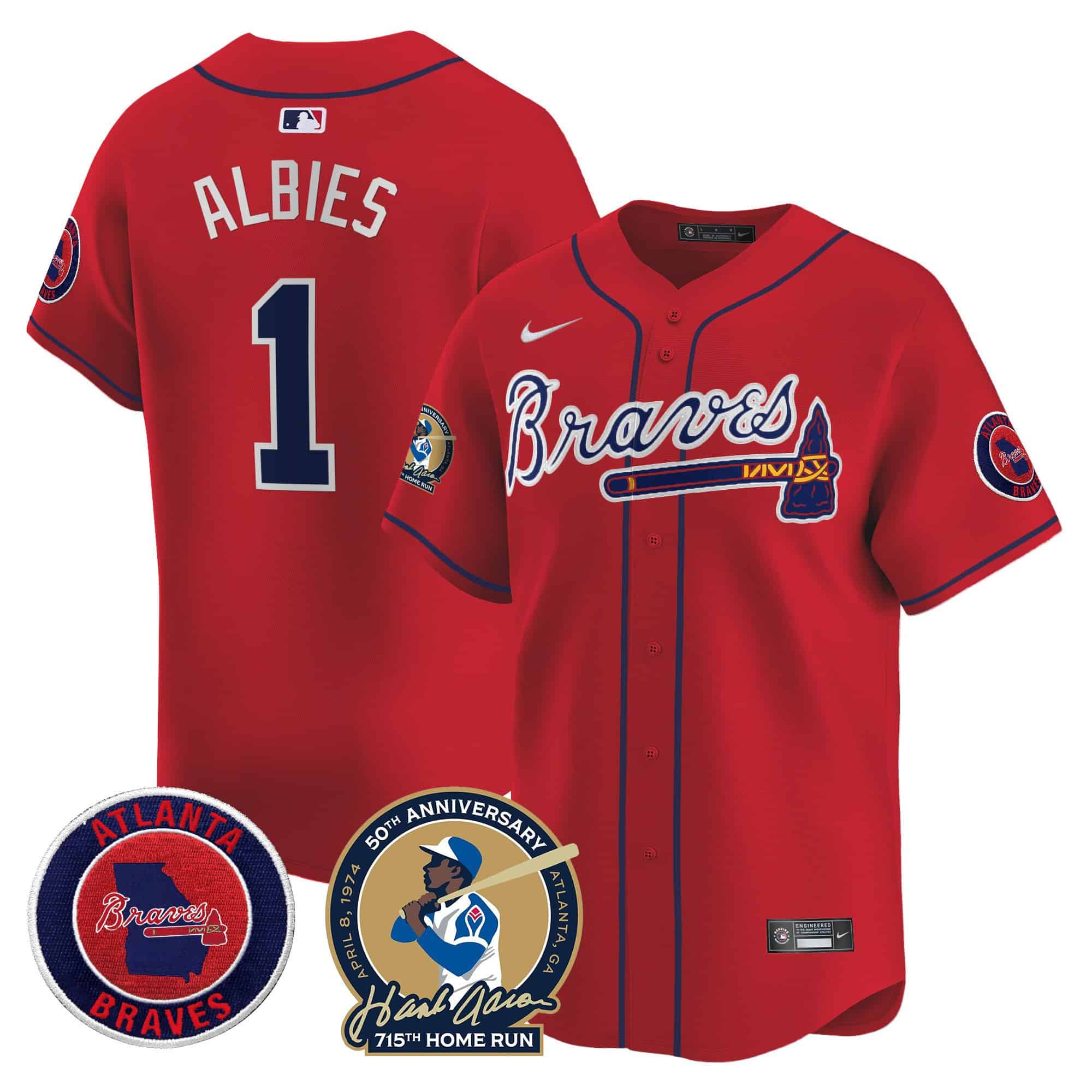 Men’s Atlanta Braves Hank Aaron 715th Home Run Patch Vapor Premier Limited Jersey – All Stitched  Red  #1 Ozzie Albies