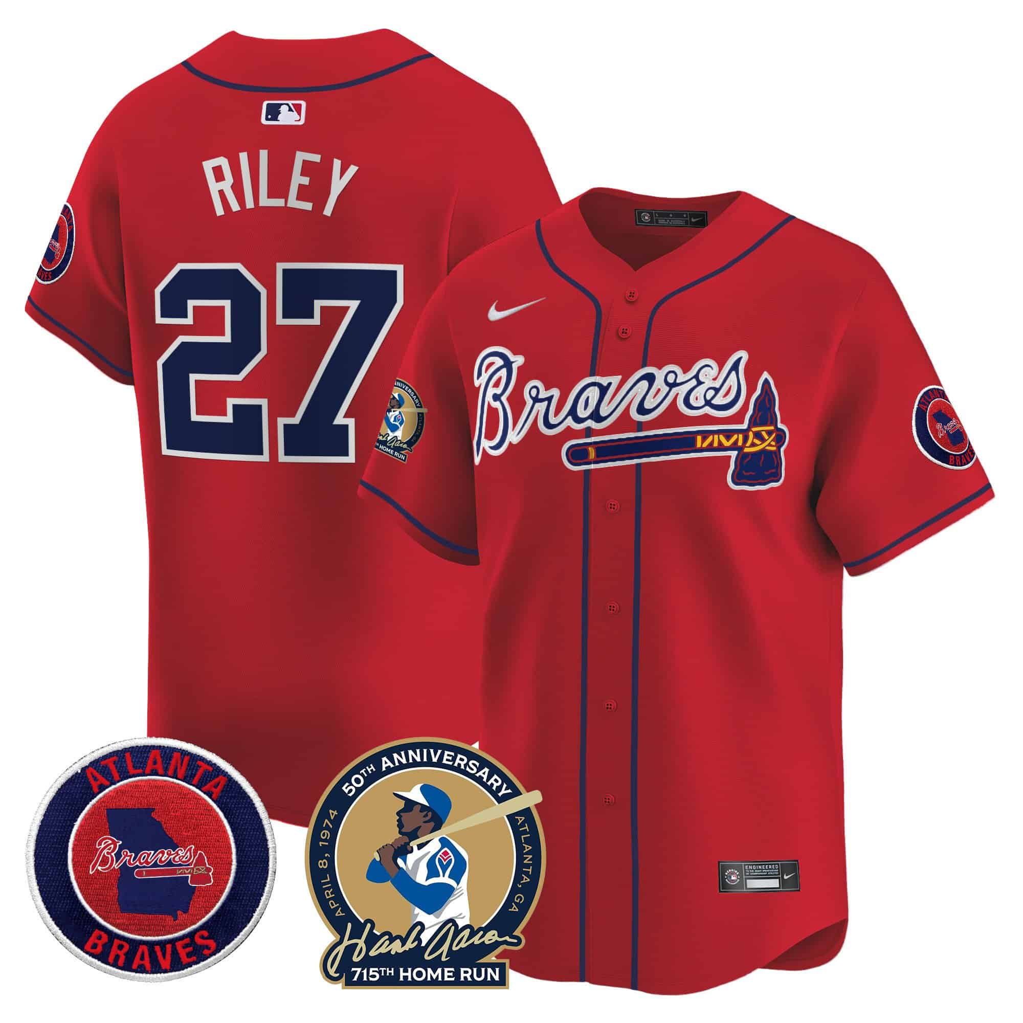 Men’s Atlanta Braves Hank Aaron 715th Home Run Patch Vapor Premier Limited Jersey – All Stitched  Red Austin Riley #27