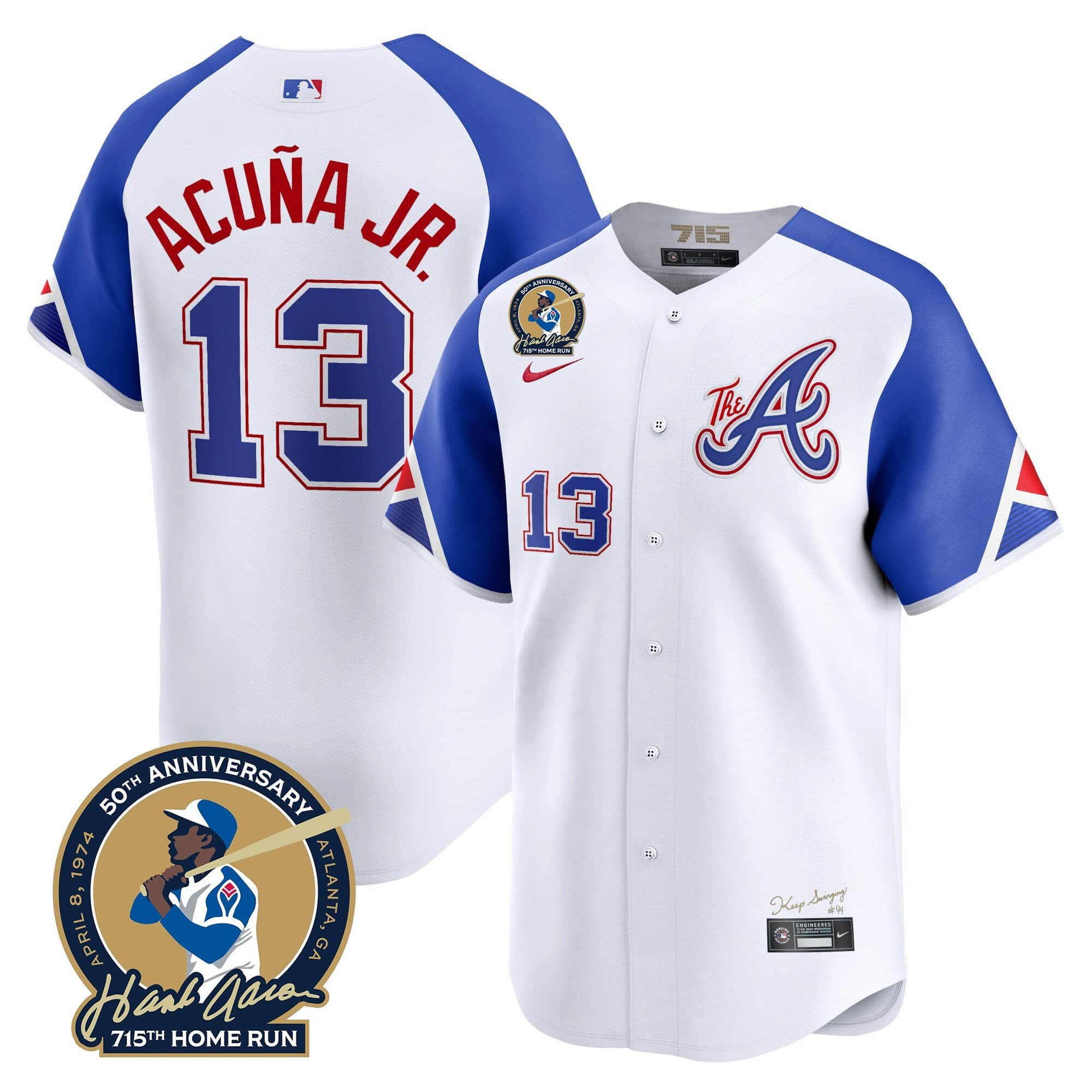 Men’s Atlanta Braves Hank Aaron 715th Home Run Patch Vapor Premier Limited Jersey – All Stitched City Connect  #13 Ronald Acuna Jr.