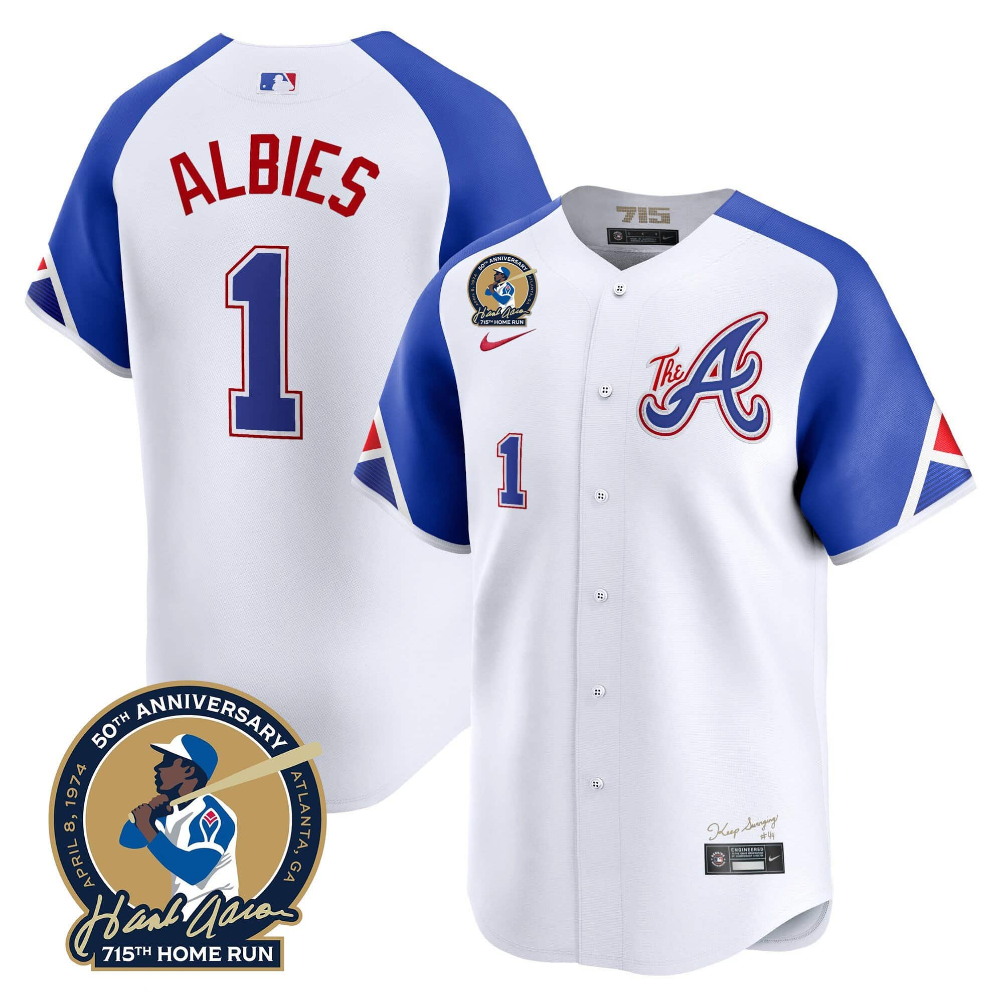 Men’s Atlanta Braves Hank Aaron 715th Home Run Patch Vapor Premier Limited Jersey – All Stitched City Connect #1 Ozzie Albies