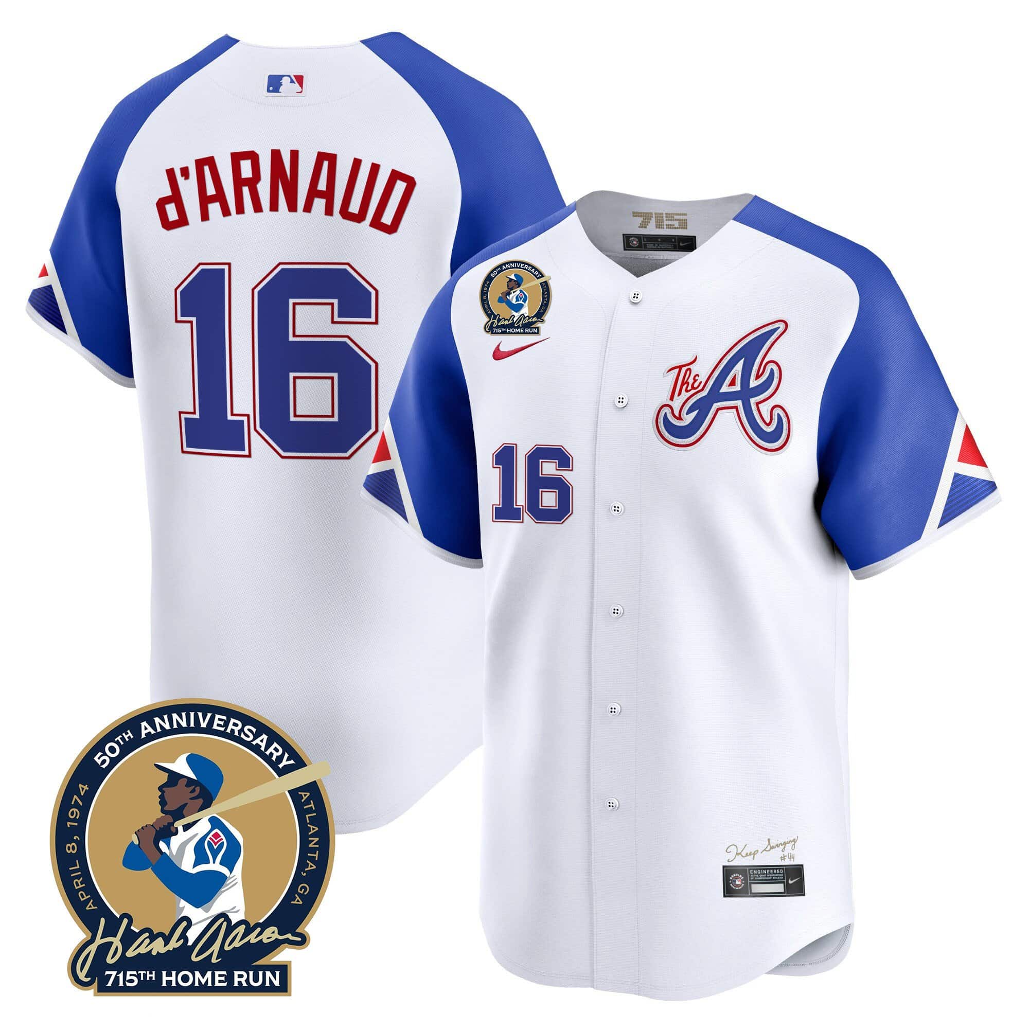 Men’s Atlanta Braves Hank Aaron 715th Home Run Patch Vapor Premier Limited Jersey – All Stitched City Connect  D'Arnaud #16