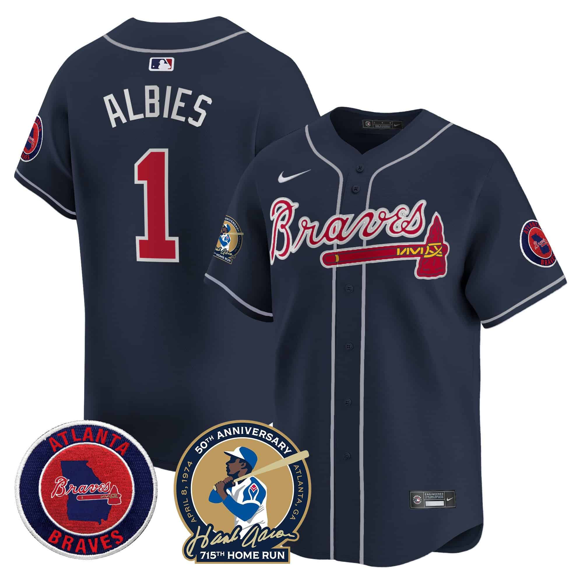 Men’s Atlanta Braves Hank Aaron 715th Home Run Patch Vapor Premier Limited Jersey – All Stitched Navy  #1 Ozzie Albies