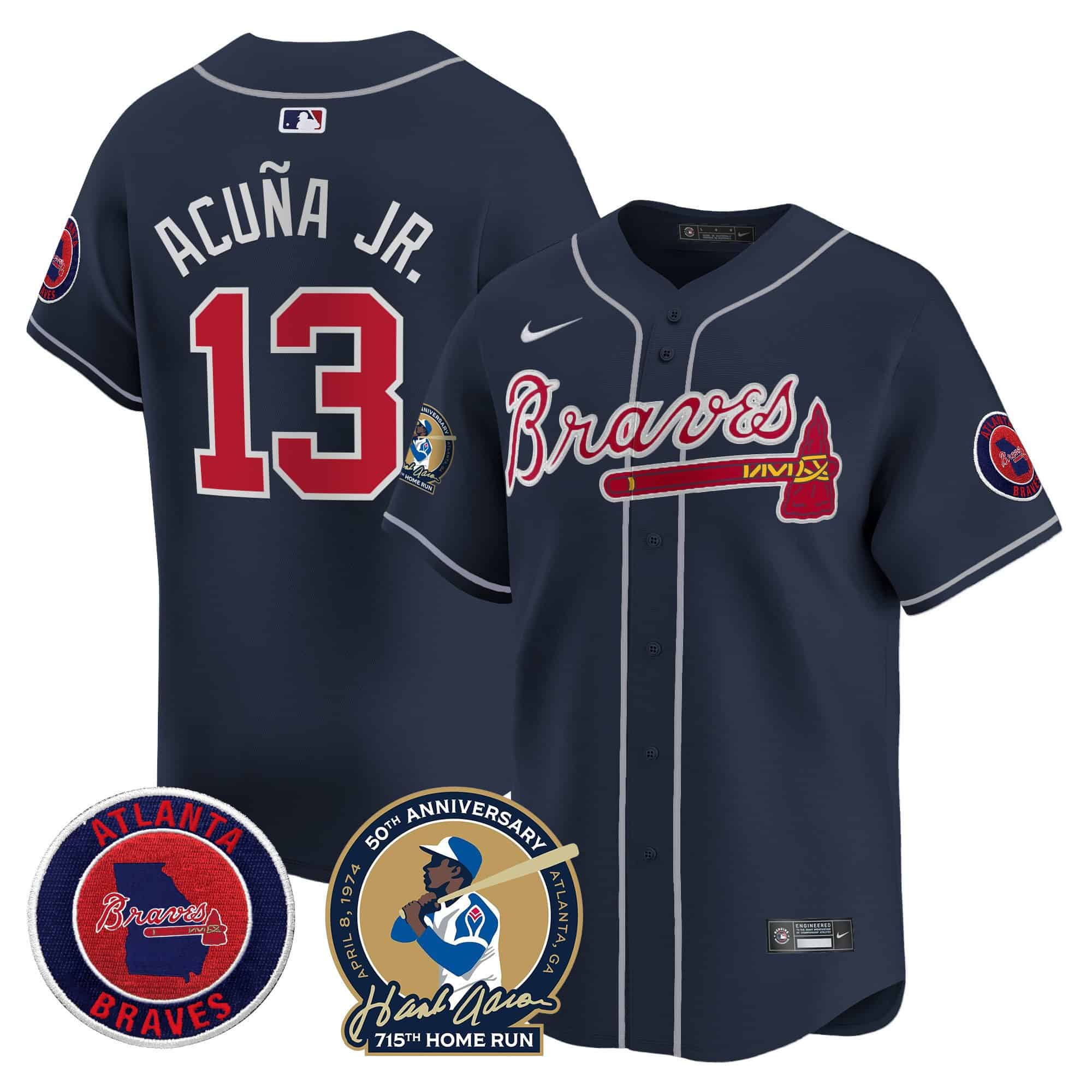 Men’s Atlanta Braves Hank Aaron 715th Home Run Patch Vapor Premier Limited Jersey – All Stitched Navy #13 Ronald Acuna Jr.