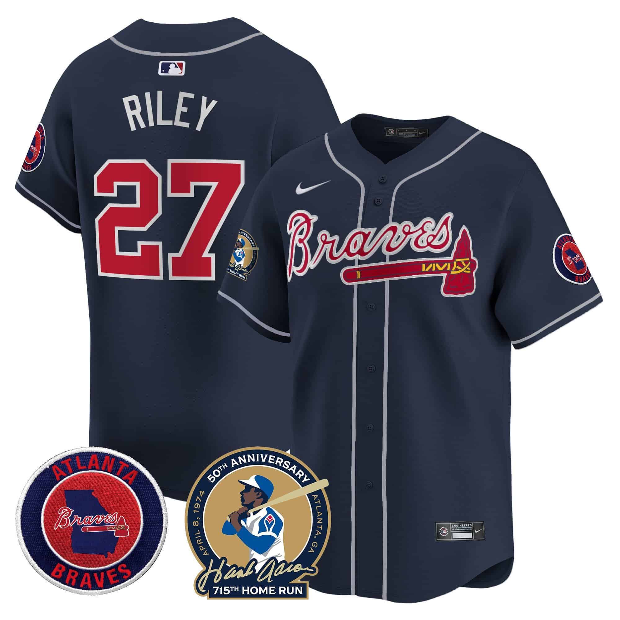 Men’s Atlanta Braves Hank Aaron 715th Home Run Patch Vapor Premier Limited Jersey – All Stitched Navy Austin Riley #27