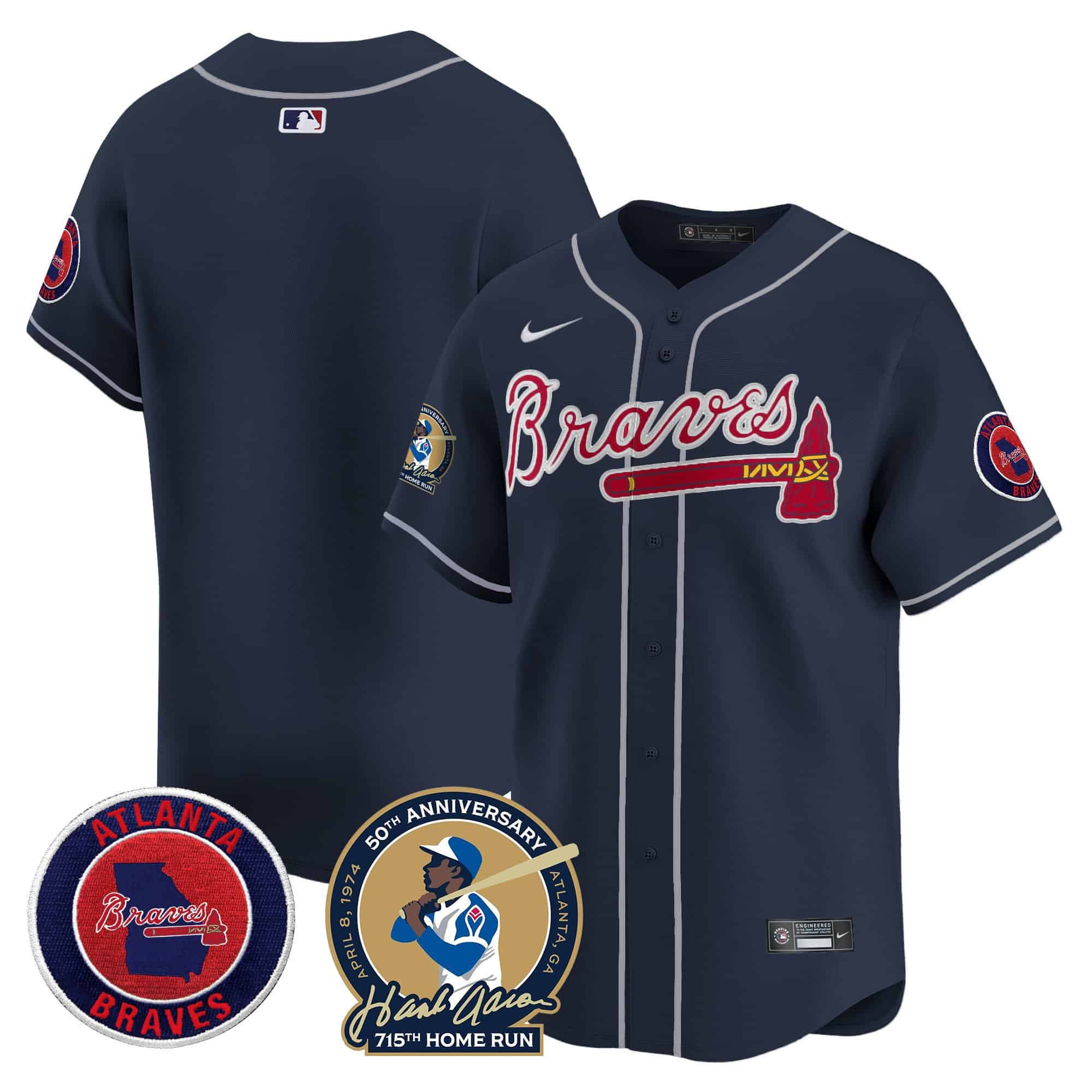 Men’s Atlanta Braves Hank Aaron 715th Home Run Patch Vapor Premier Limited Jersey – All Stitched Navy Blank