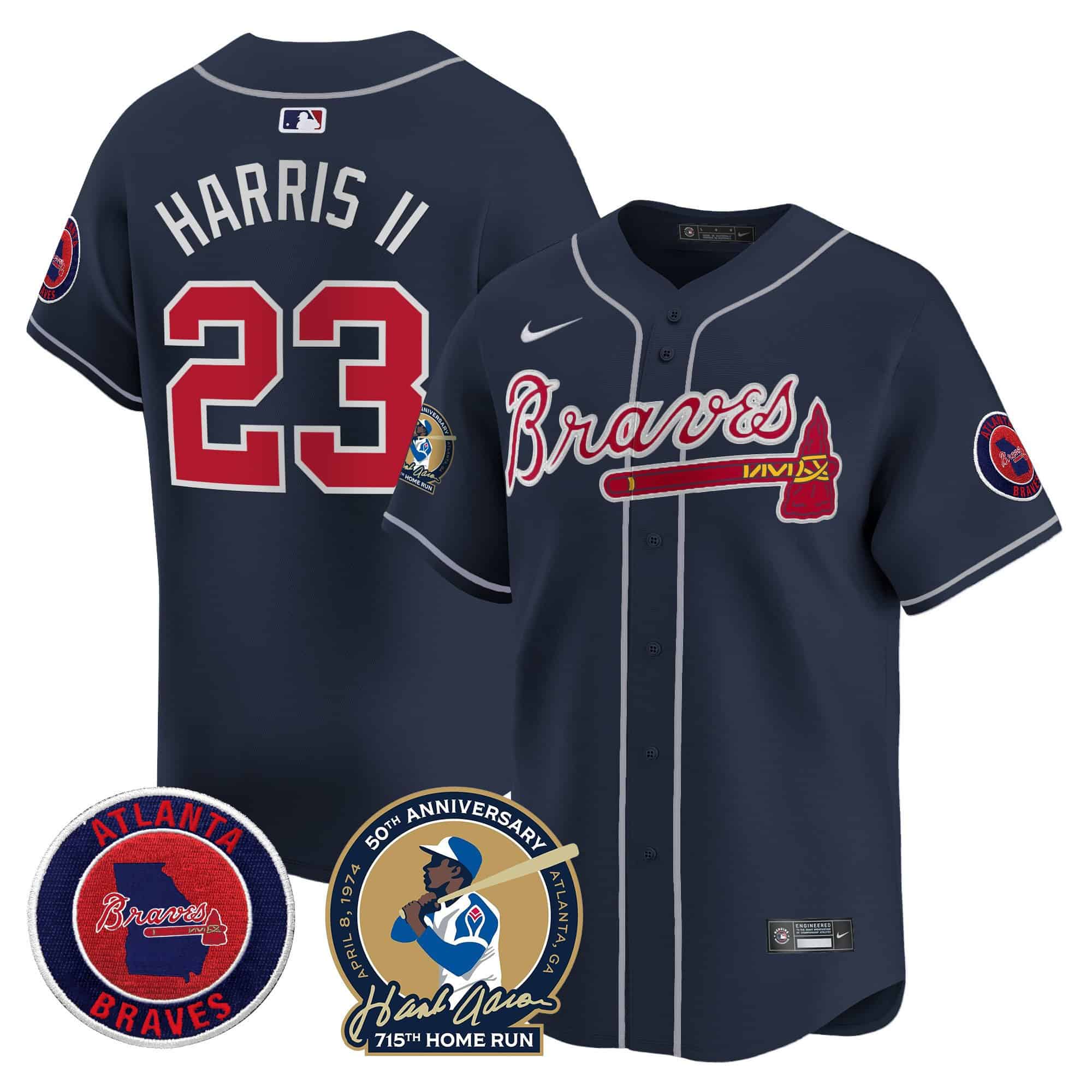 Men’s Atlanta Braves Hank Aaron 715th Home Run Patch Vapor Premier Limited Jersey – All Stitched Navy Michael Harris II #23