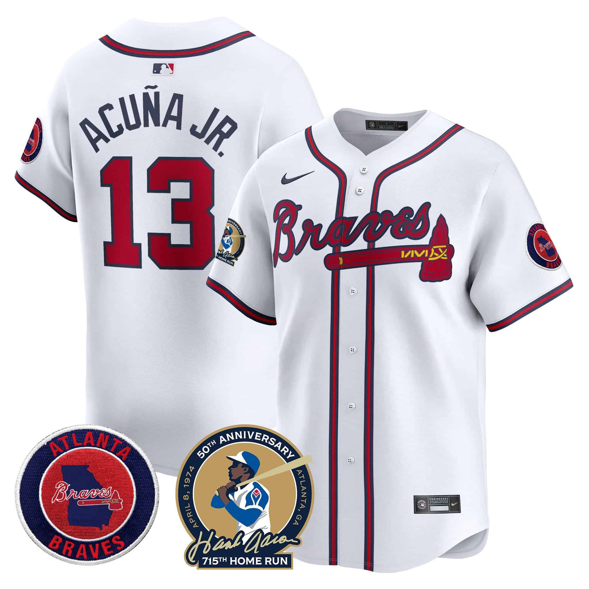 Men’s Atlanta Braves Hank Aaron 715th Home Run Patch Vapor Premier Limited Jersey – All Stitched White  #13 Ronald Acuna Jr.