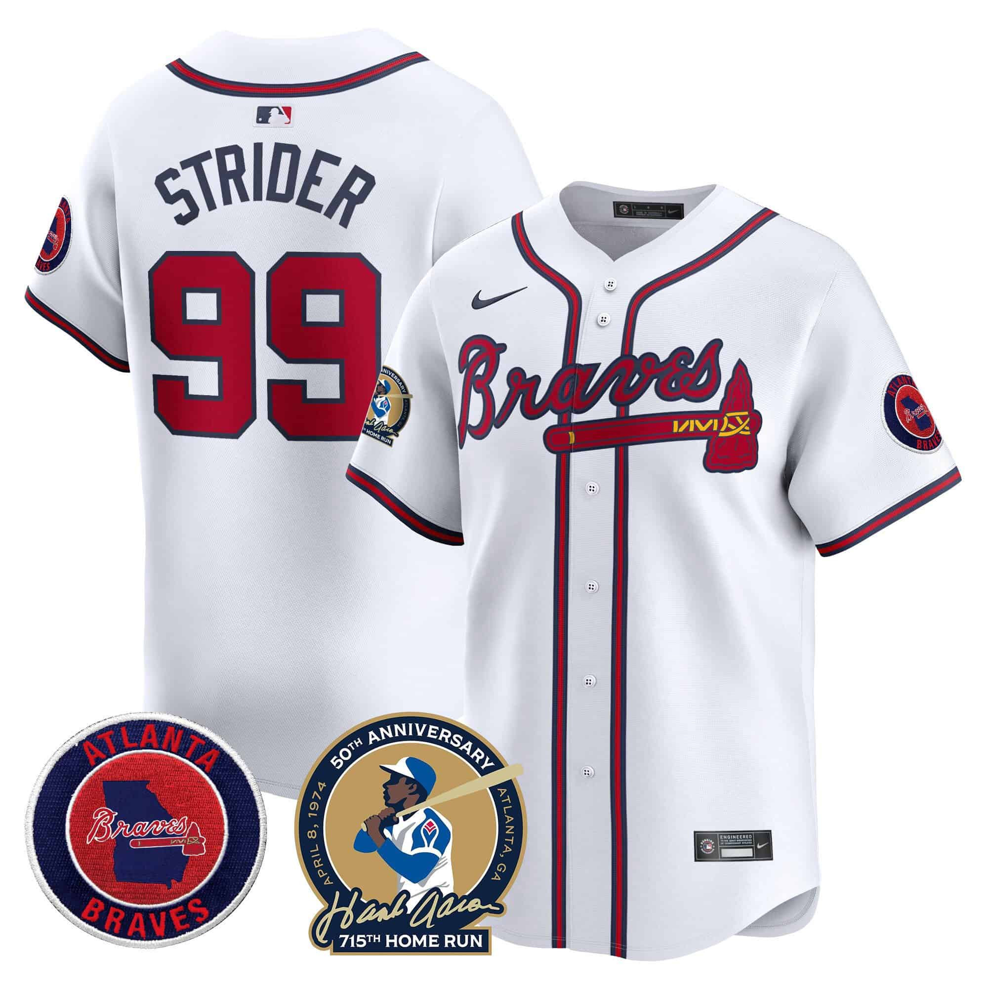 Men’s Atlanta Braves Hank Aaron 715th Home Run Patch Vapor Premier Limited Jersey – All Stitched White  Spencer Strider #99