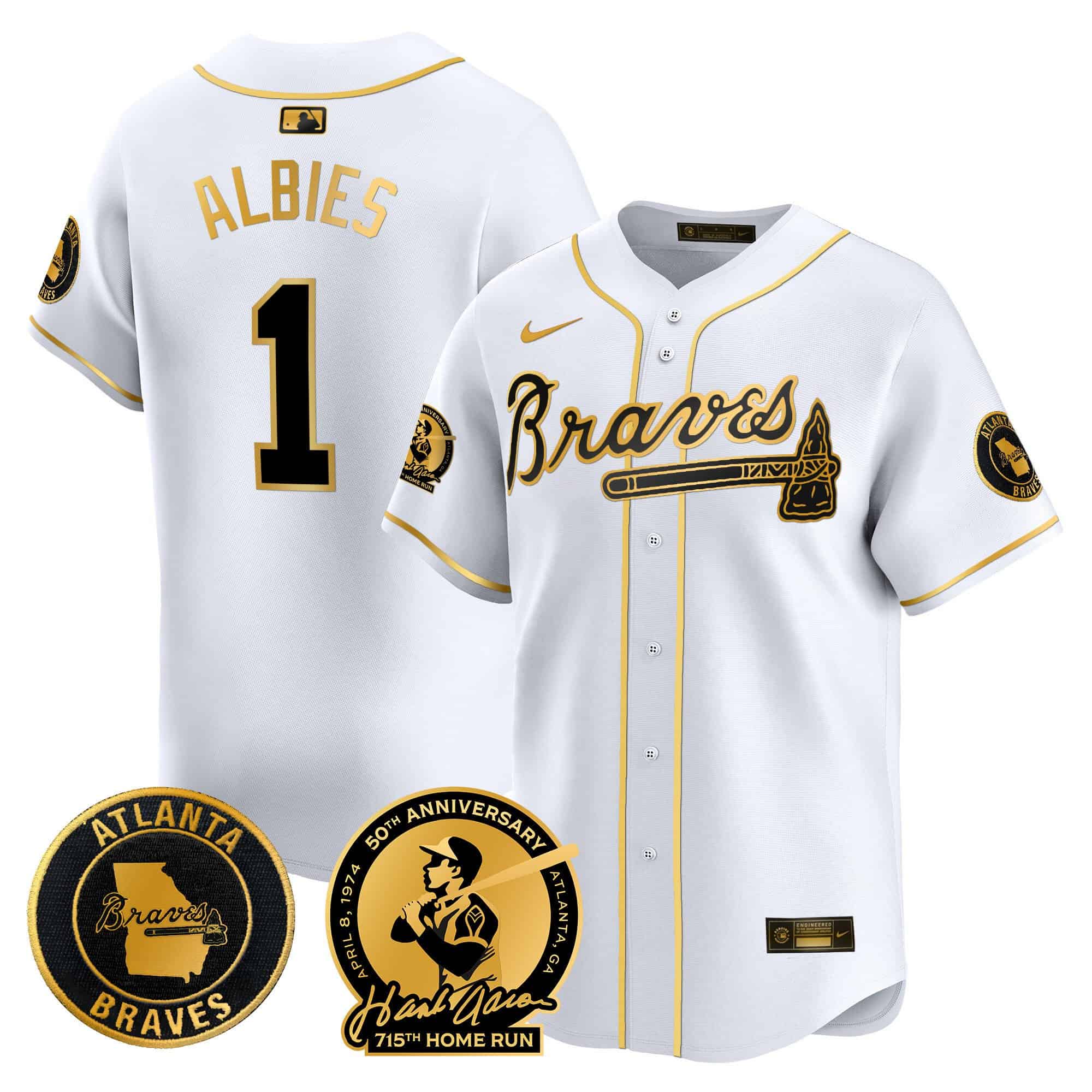 Men’s Atlanta Braves Hank Aaron 715th Home Run Patch Vapor Premier Limited Jersey – All Stitched White Gold  #1 Ozzie Albies
