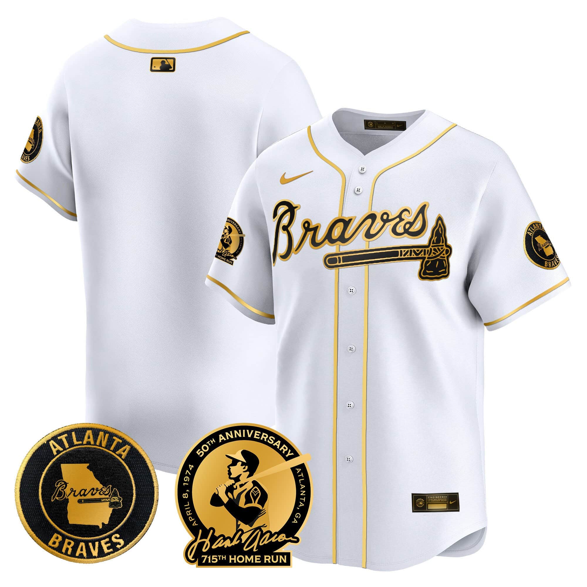 Men’s Atlanta Braves Hank Aaron 715th Home Run Patch Vapor Premier Limited Jersey – All Stitched White Gold Blank