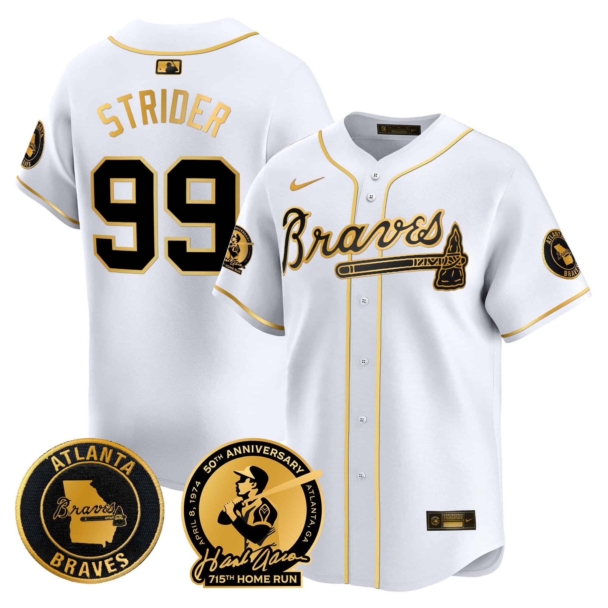 Men’s Atlanta Braves Hank Aaron 715th Home Run Patch Vapor Premier Limited Jersey – All Stitched White Gold Spencer Strider #99