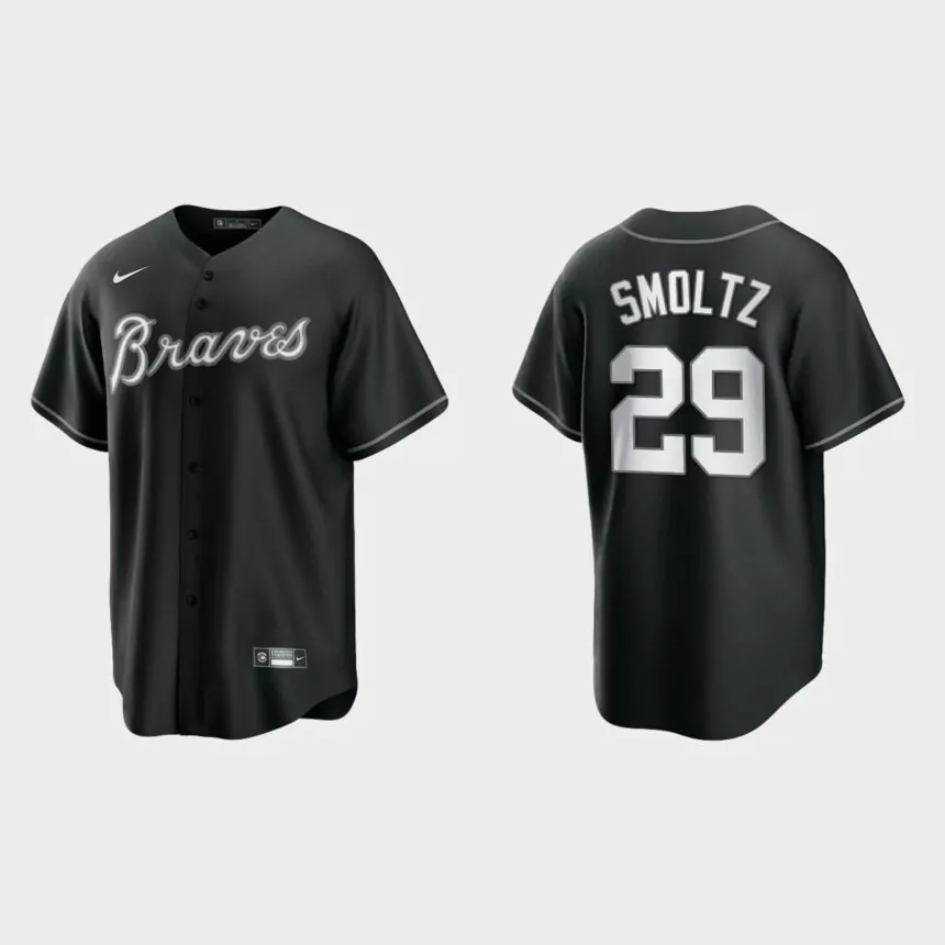 Men’s Atlanta Braves John Smoltz Black White 2021 All Black Fashion Replica Jersey