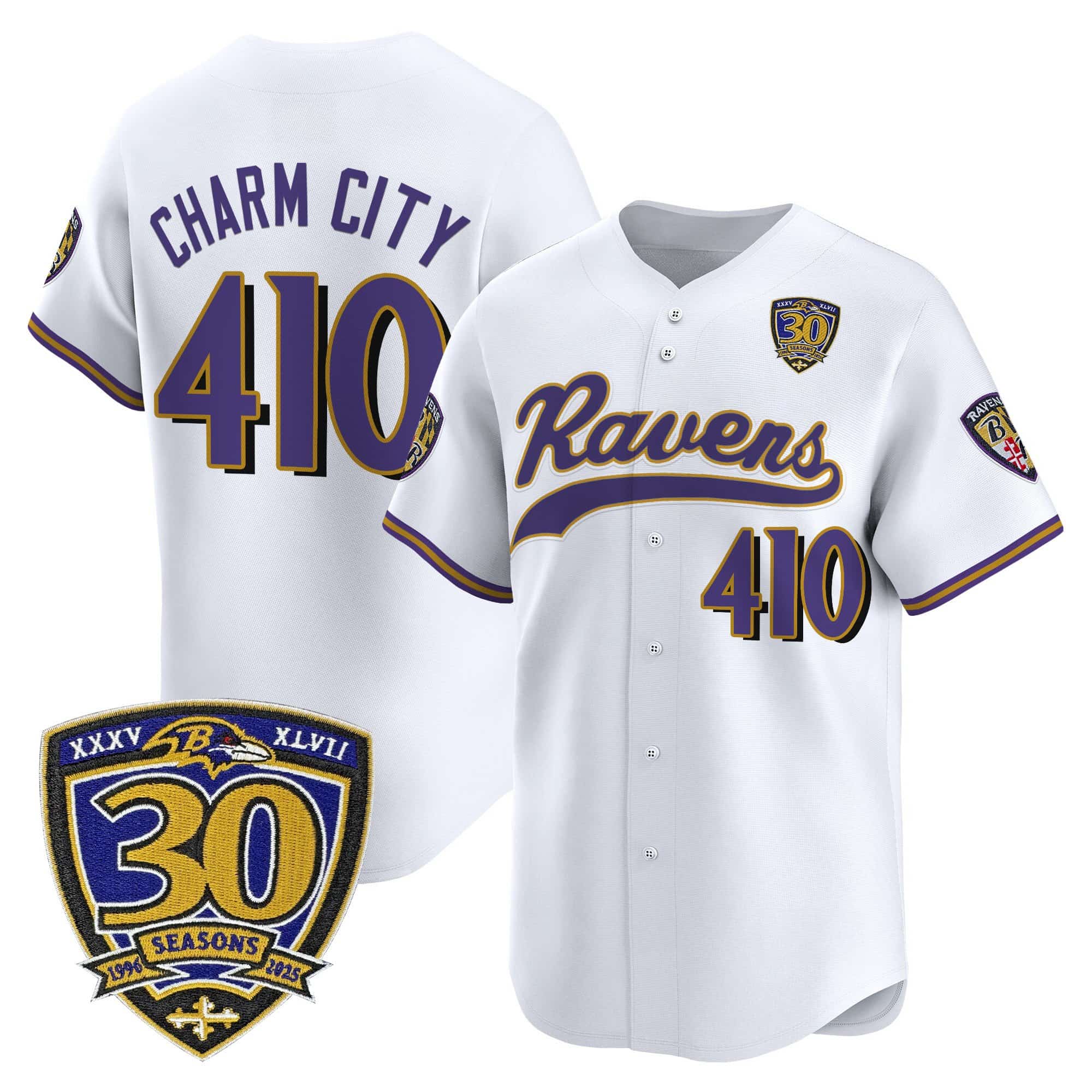 Men’s Baltimore Ravens 2025 Vapor Baseball Jersey – 30th Anniversary Patch – All Stitched Charm    City 410