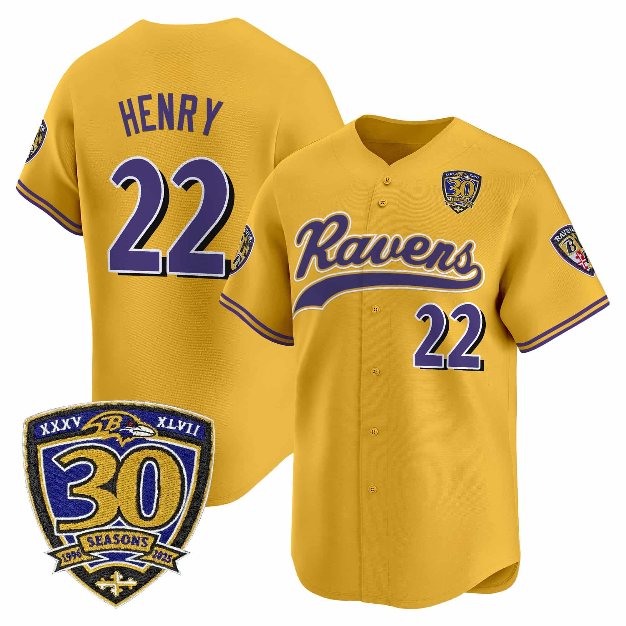 Men’s Baltimore Ravens 2025 Vapor Baseball Jersey – 30th Anniversary Patch – All Stitched Derrick Henry   22