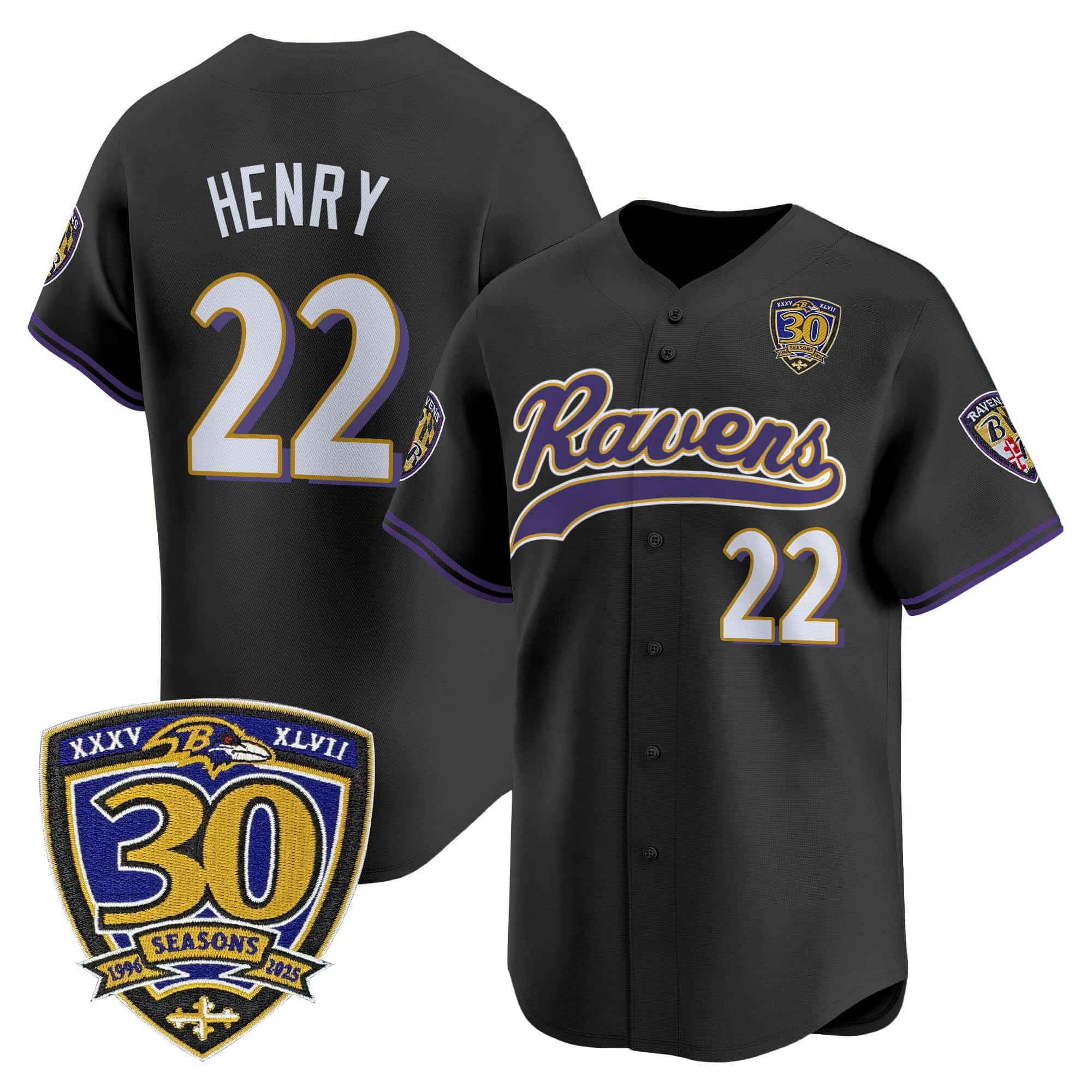 Men’s Baltimore Ravens 2025 Vapor Baseball Jersey – 30th Anniversary Patch – All Stitched Derrick Henry 22