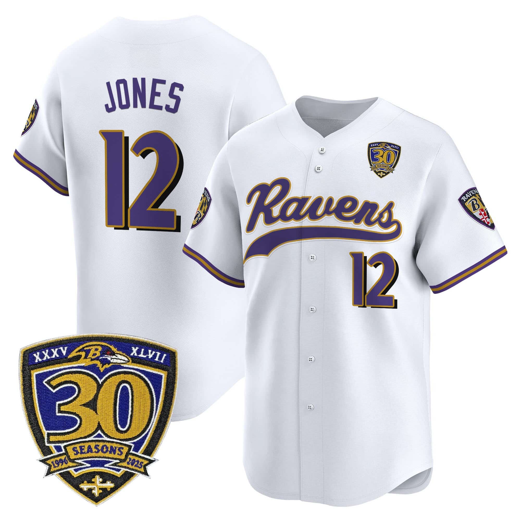 Men’s Baltimore Ravens 2025 Vapor Baseball Jersey – 30th Anniversary Patch – All Stitched Jacoby Jones    12