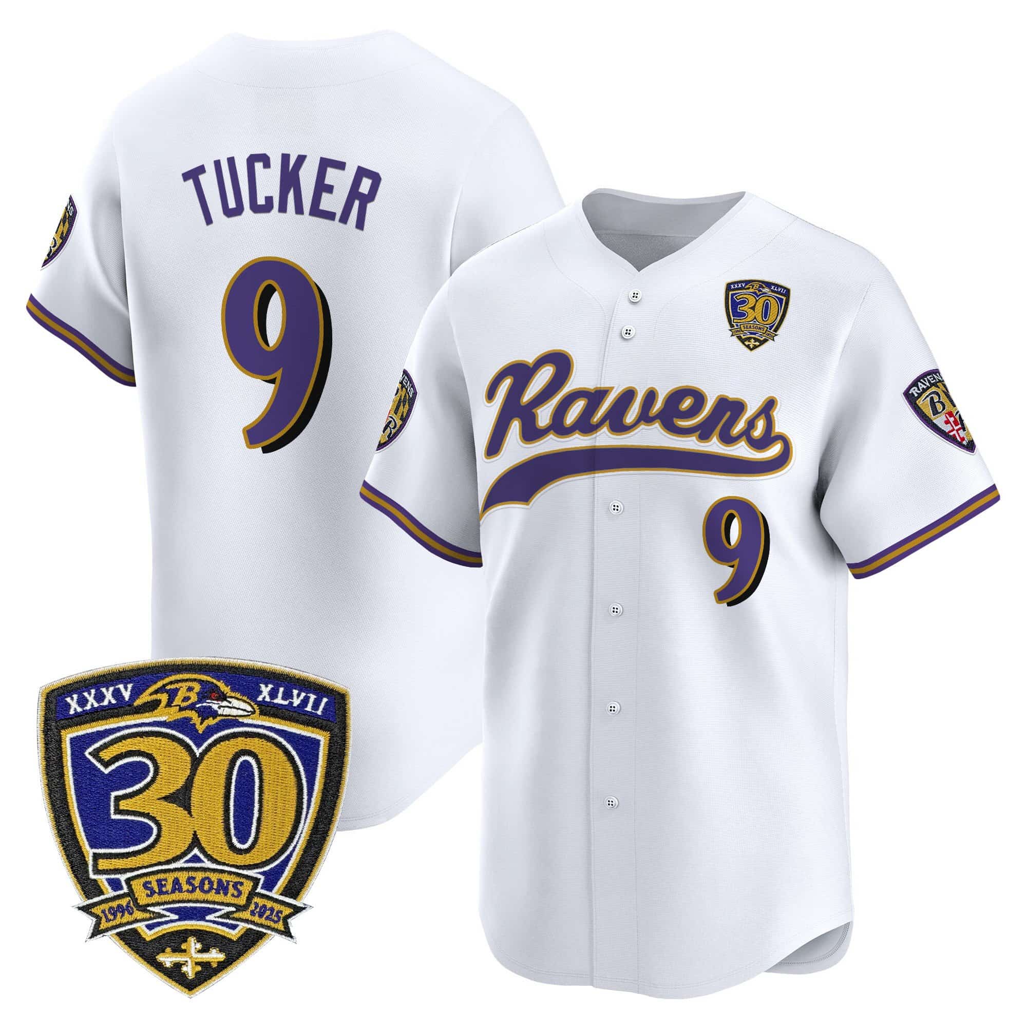 Men’s Baltimore Ravens 2025 Vapor Baseball Jersey – 30th Anniversary Patch – All Stitched Justin Tucker   9