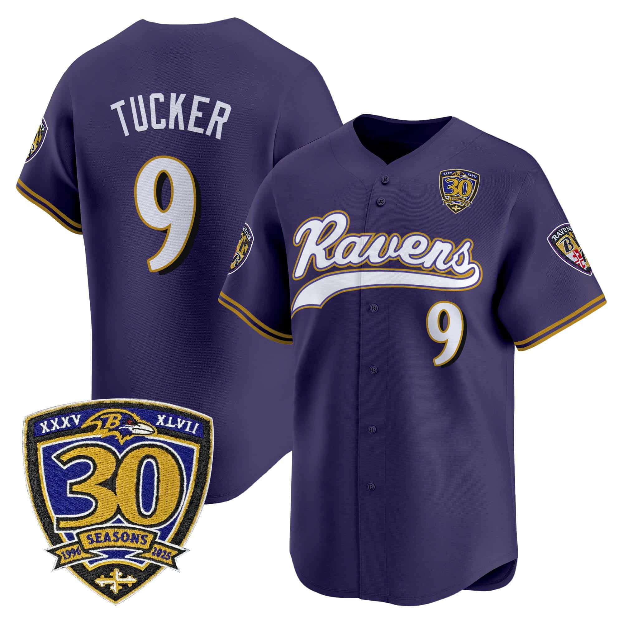 Men’s Baltimore Ravens 2025 Vapor Baseball Jersey – 30th Anniversary Patch – All Stitched Justin Tucker