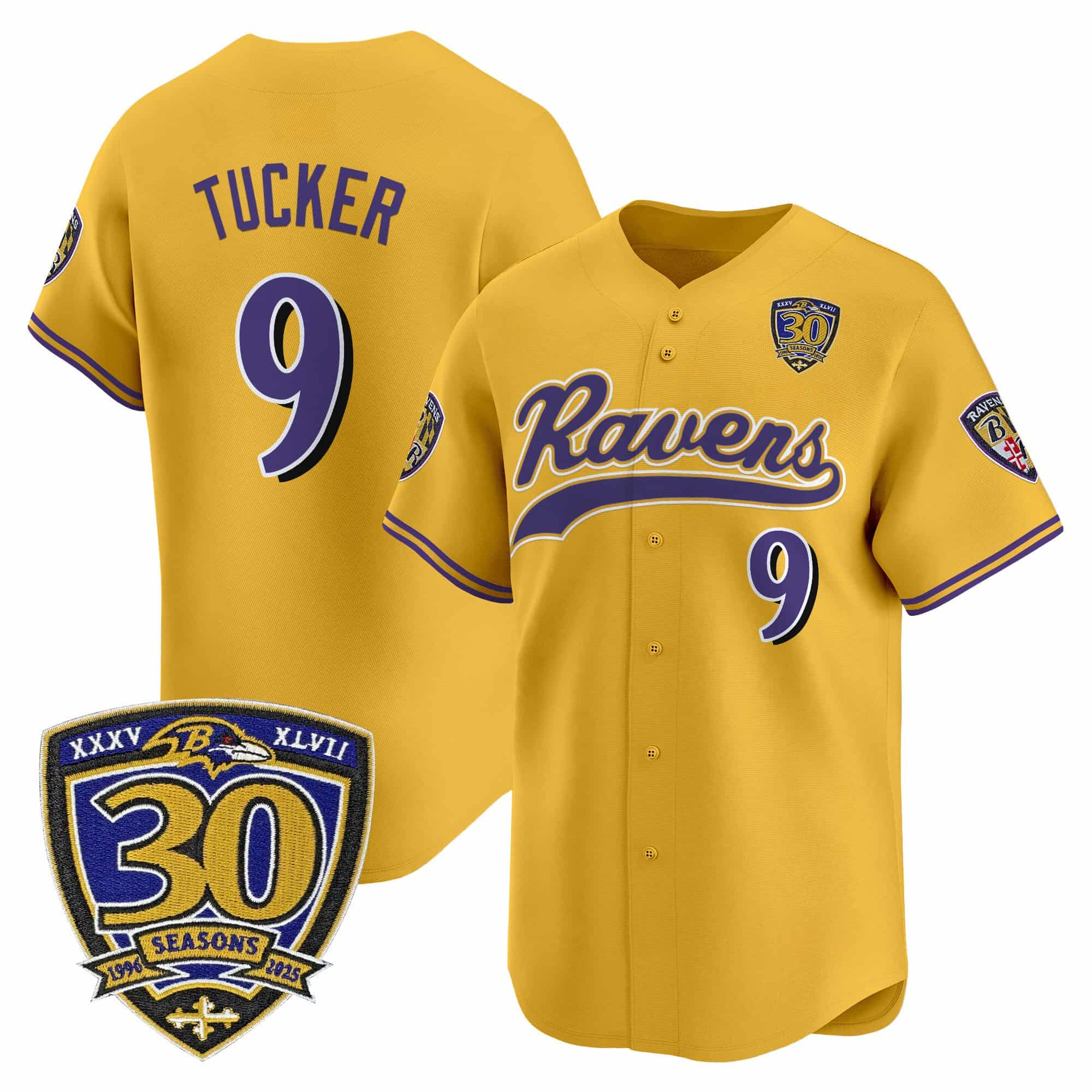 Men’s Baltimore Ravens 2025 Vapor Baseball Jersey – 30th Anniversary Patch – All Stitched Justin Tucker 9