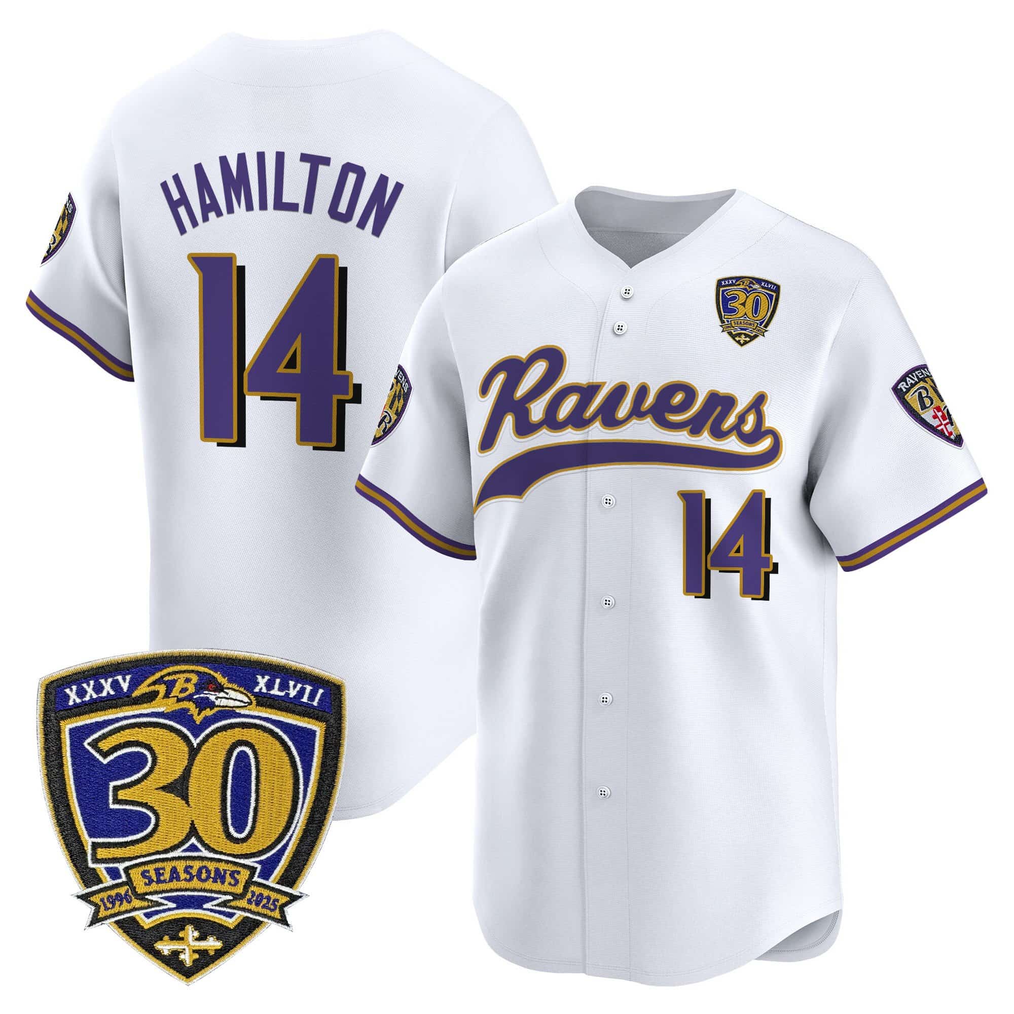 Men’s Baltimore Ravens 2025 Vapor Baseball Jersey – 30th Anniversary Patch – All Stitched Kyle Hamilton   14