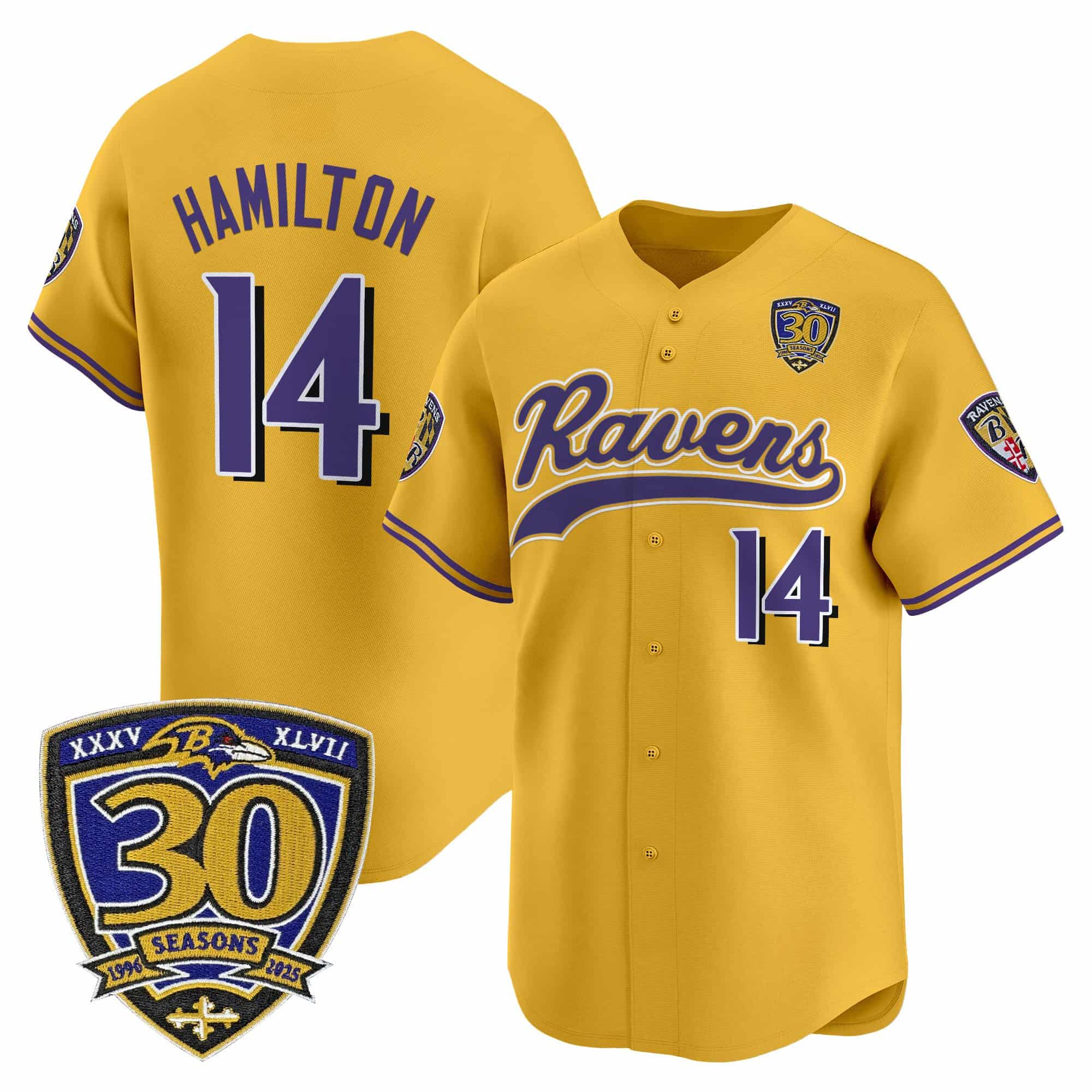 Men’s Baltimore Ravens 2025 Vapor Baseball Jersey – 30th Anniversary Patch – All Stitched Kyle Hamilton 14