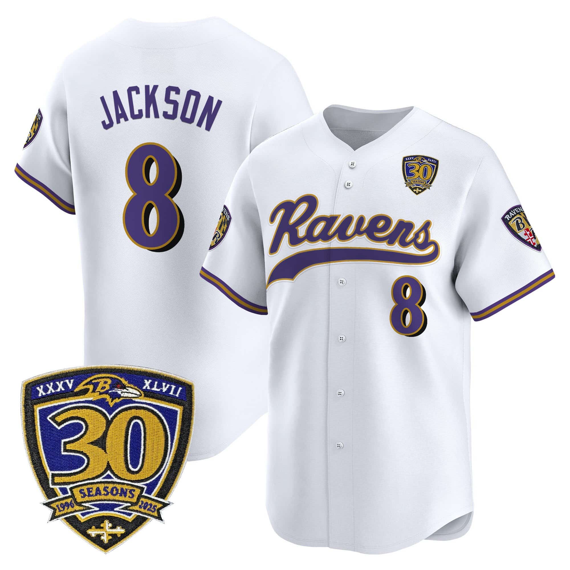 Men’s Baltimore Ravens 2025 Vapor Baseball Jersey – 30th Anniversary Patch – All Stitched Lamar Jackson   8