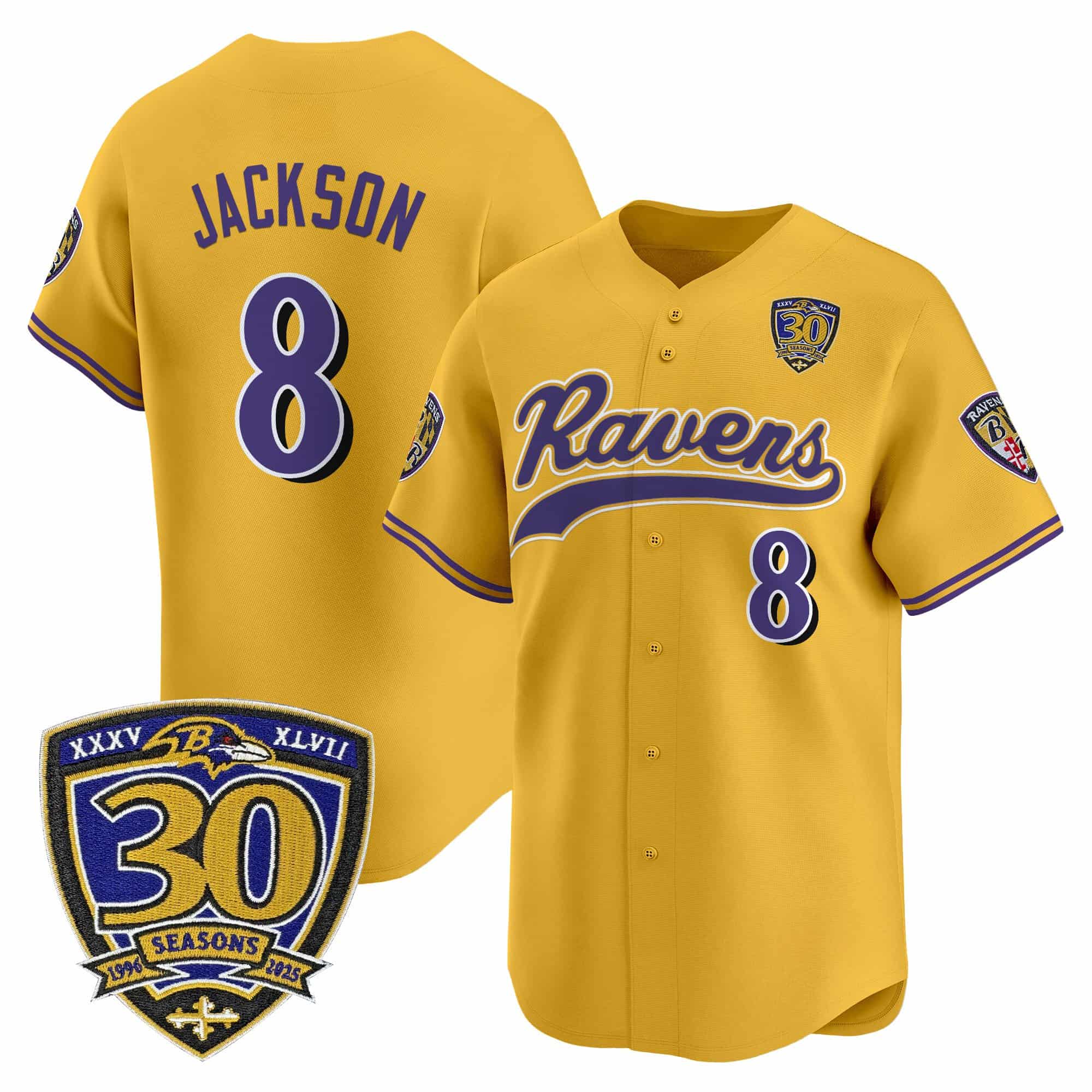 Men’s Baltimore Ravens 2025 Vapor Baseball Jersey – 30th Anniversary Patch – All Stitched Lamar Jackson8