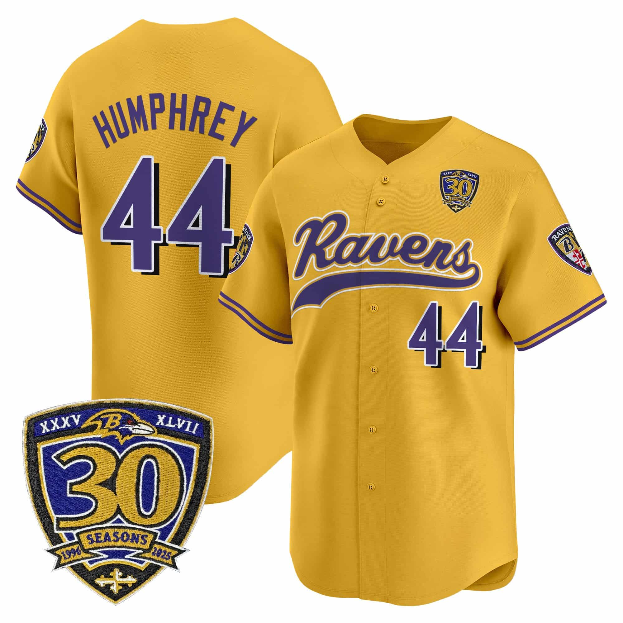 Men’s Baltimore Ravens 2025 Vapor Baseball Jersey – 30th Anniversary Patch – All Stitched Marlon Humphrey 44