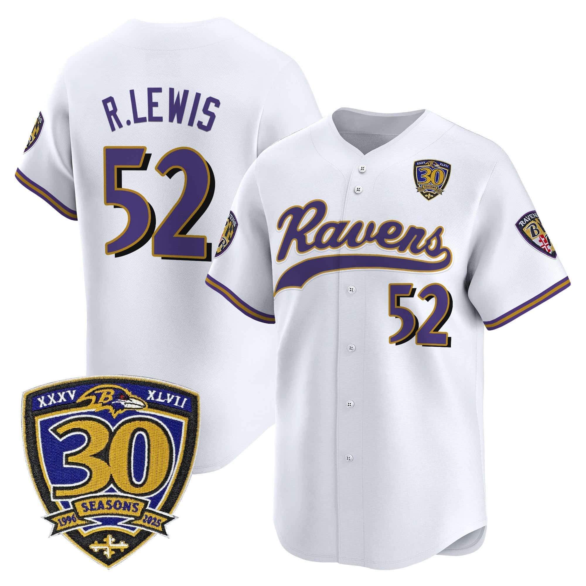 Men’s Baltimore Ravens 2025 Vapor Baseball Jersey – 30th Anniversary Patch – All Stitched Ray Lewis  52