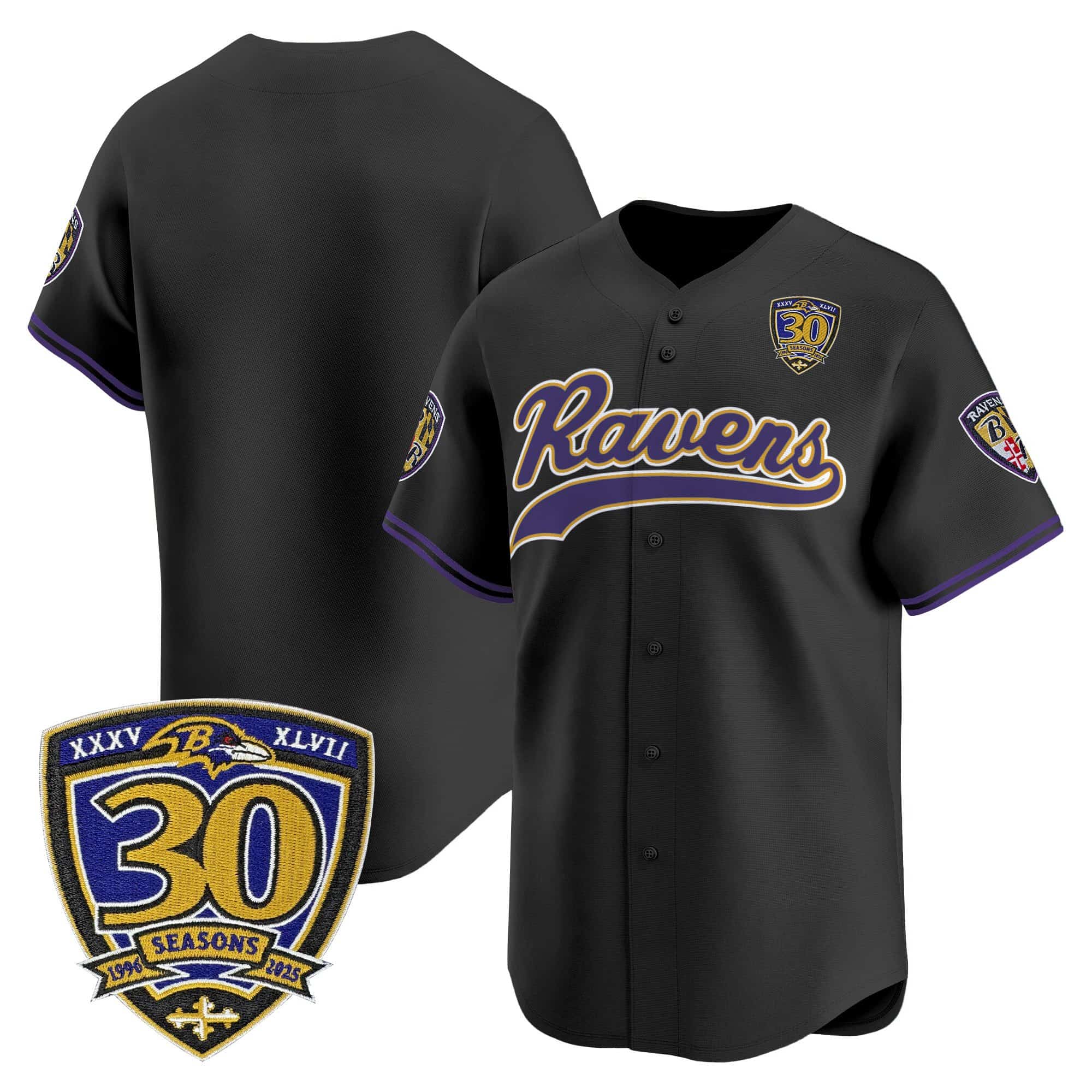 Men’s Baltimore Ravens 2025 Vapor Baseball Jersey – 30th Anniversary Patch – All Stitched Te am