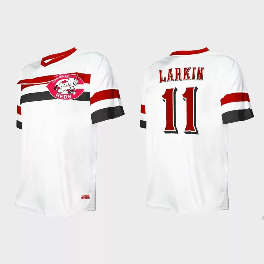 Men’s Barry Larkin Cincinnati Reds Cooperstown Collection V-Neck Jersey – White