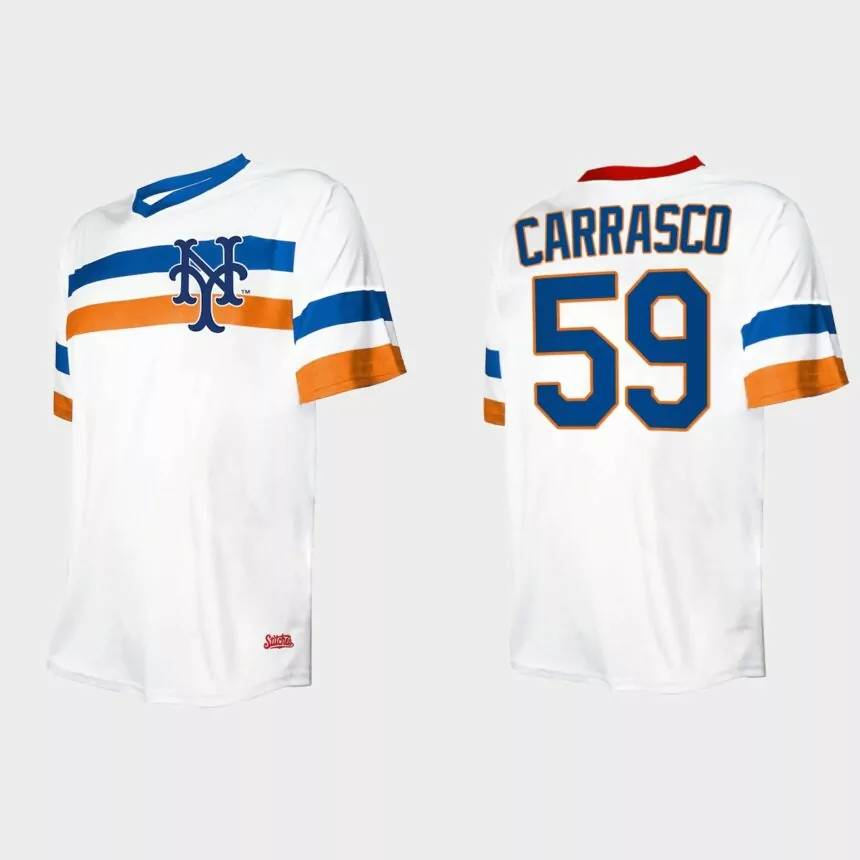 Men’s Carlos Carrasco New York Mets Cooperstown Collection V-Neck Jersey – Whit
