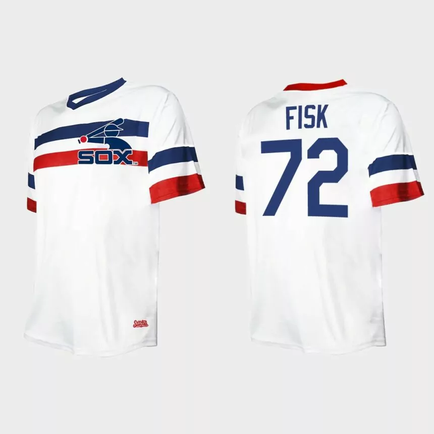 Men’s Carlton Fisk Chicago White Sox Cooperstown Collection V-Neck Jersey – White