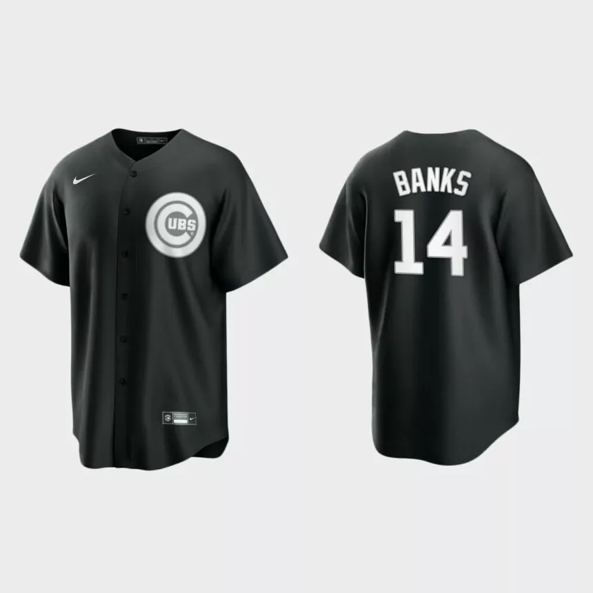 Men’s Chicago Cubs Ernie Banks Black White 2021 All Black Fashion Replica Jersey