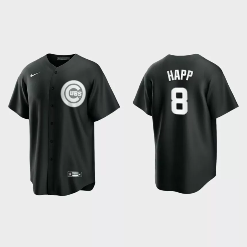Men’s Chicago Cubs Ian Happ Black White 2021 All Black Fashion Replica Jersey
