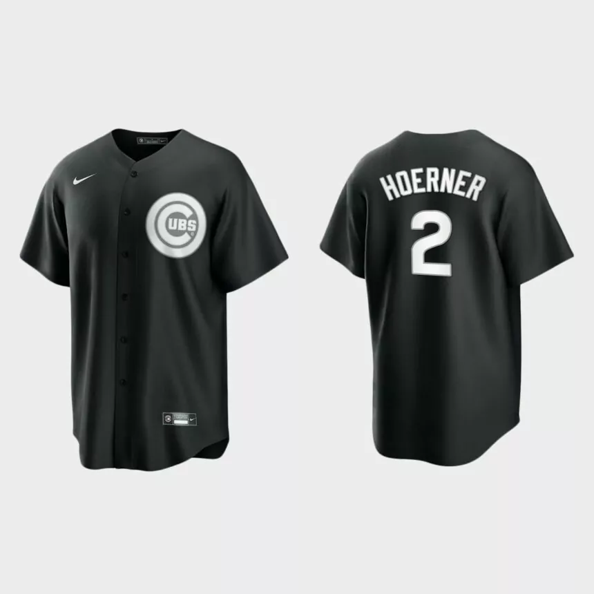 Men’s Chicago Cubs Nico Hoerner Black White 2021 All Black Fashion Replica Jersey