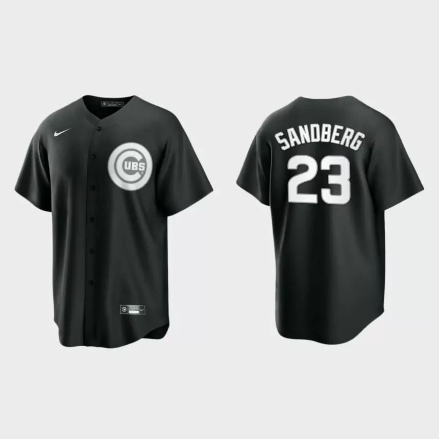 Men’s Chicago Cubs Ryne Sandberg Black White 2021 All Black Fashion Replica Jersey