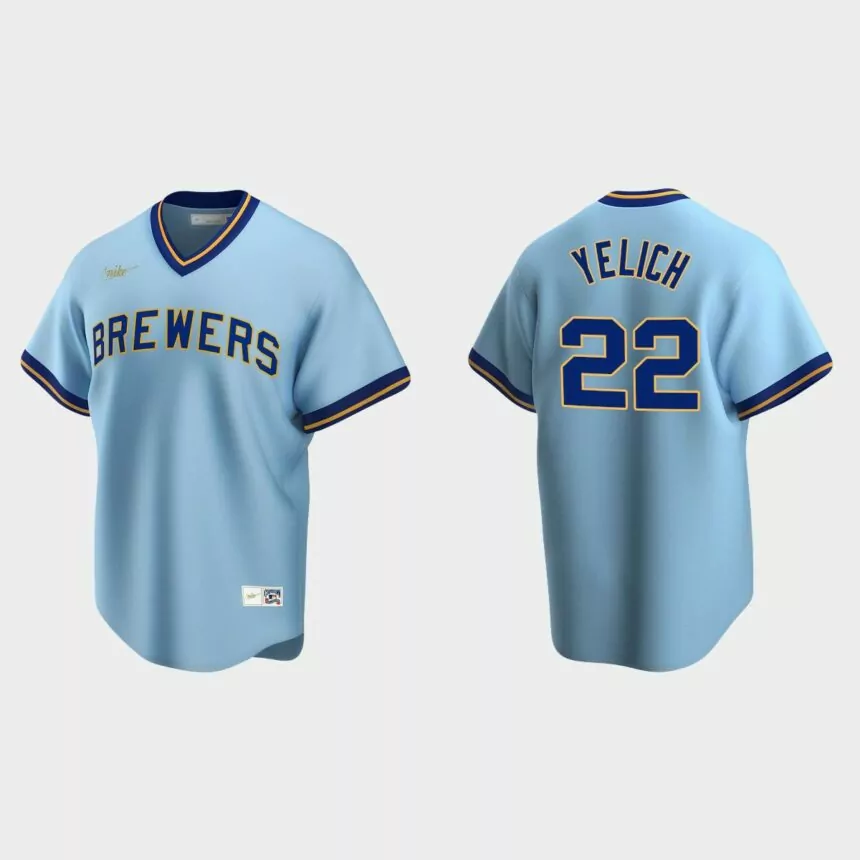 Men’s Christian Yelich #22 Milwaukee Brewers Cooperstown Collection Road Jersey – Powder Blue