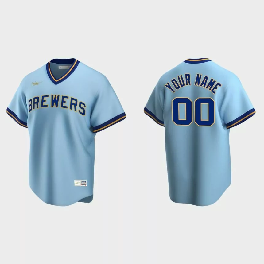 Men’s Custom #00 Milwaukee Brewers Cooperstown Collection Road Jersey – Powder Blue