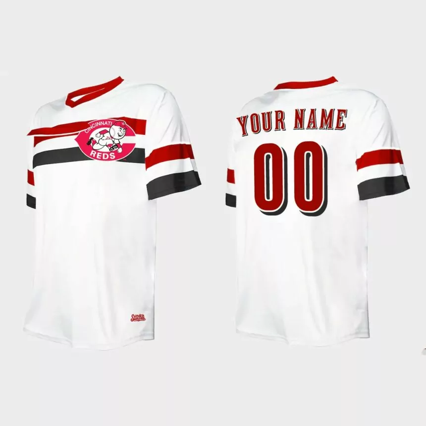Men’s Custom Cincinnati Reds Cooperstown Collection V-Neck Jersey – White
