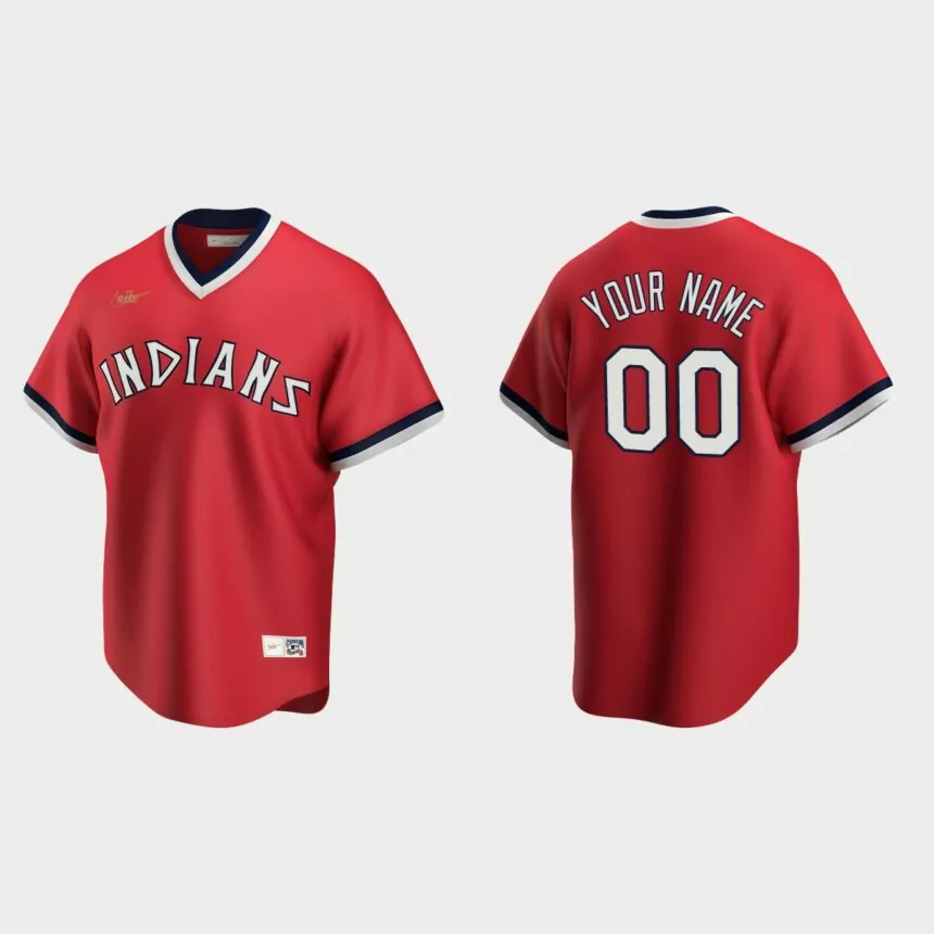 Men’s Custom Cleveland Indians Cooperstown Collection Road Jersey – Red